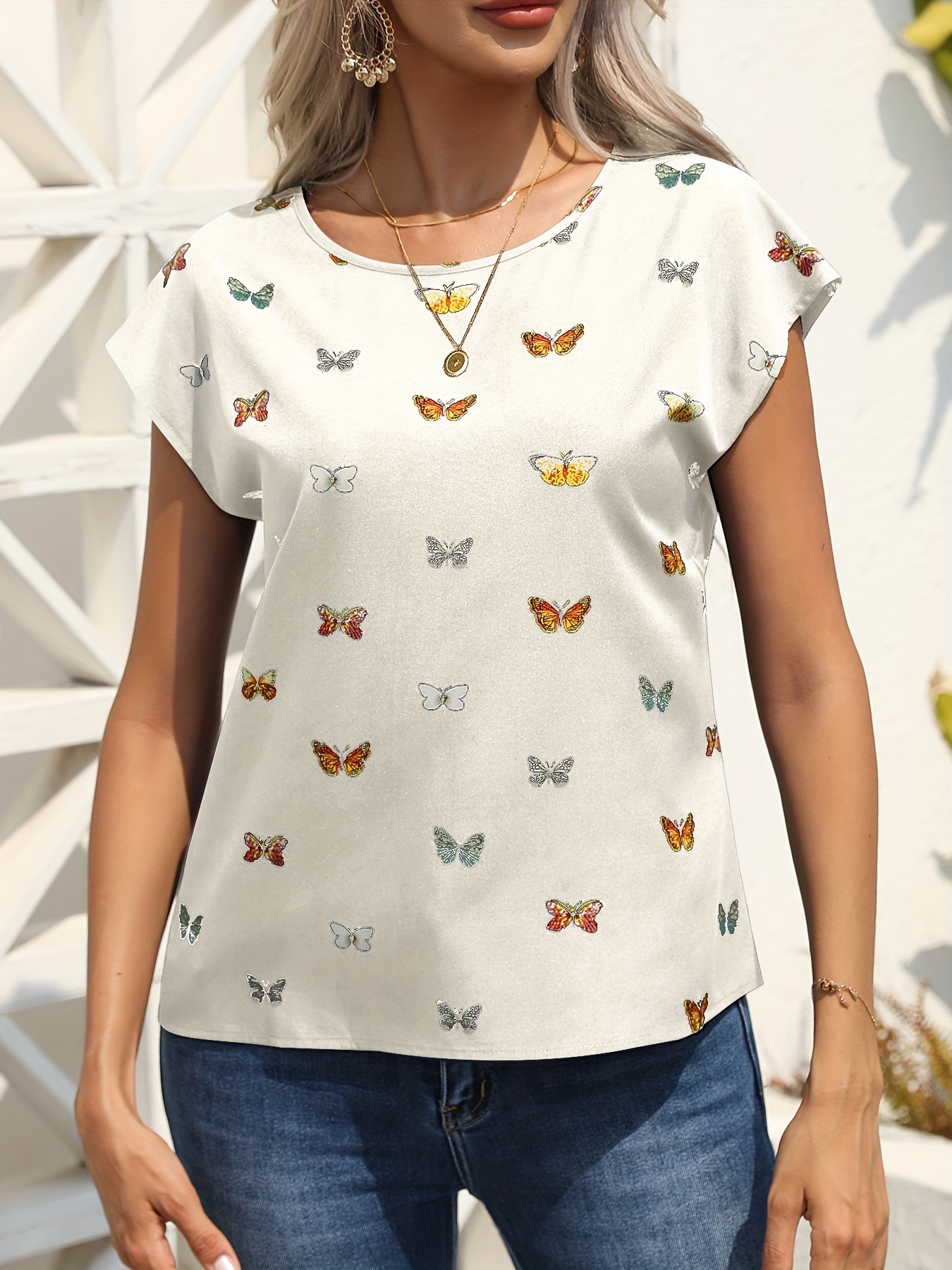 butterfly print blouse casual crew neck short sleeve blouse womens clothing details 0