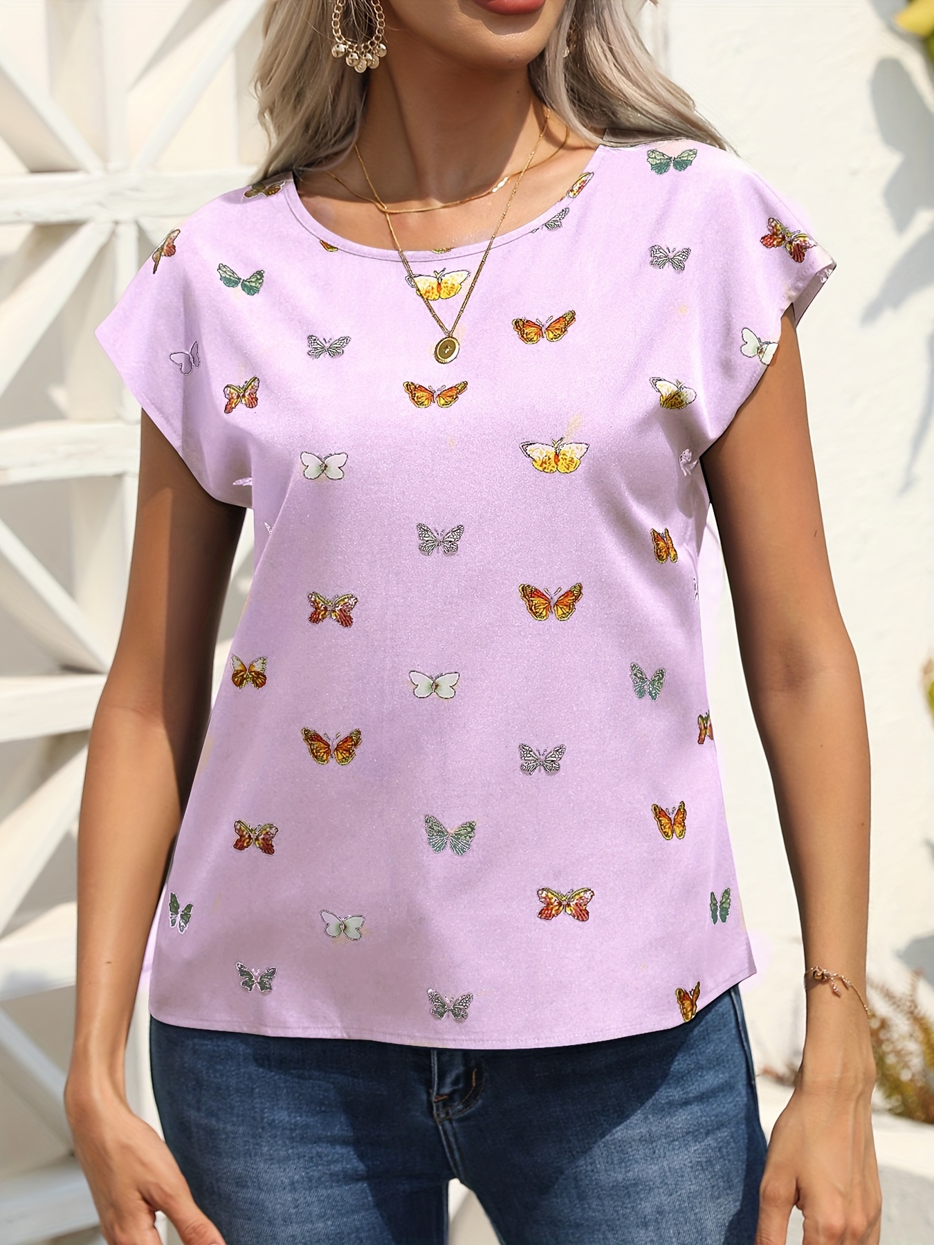 butterfly print blouse casual crew neck short sleeve blouse womens clothing details 4