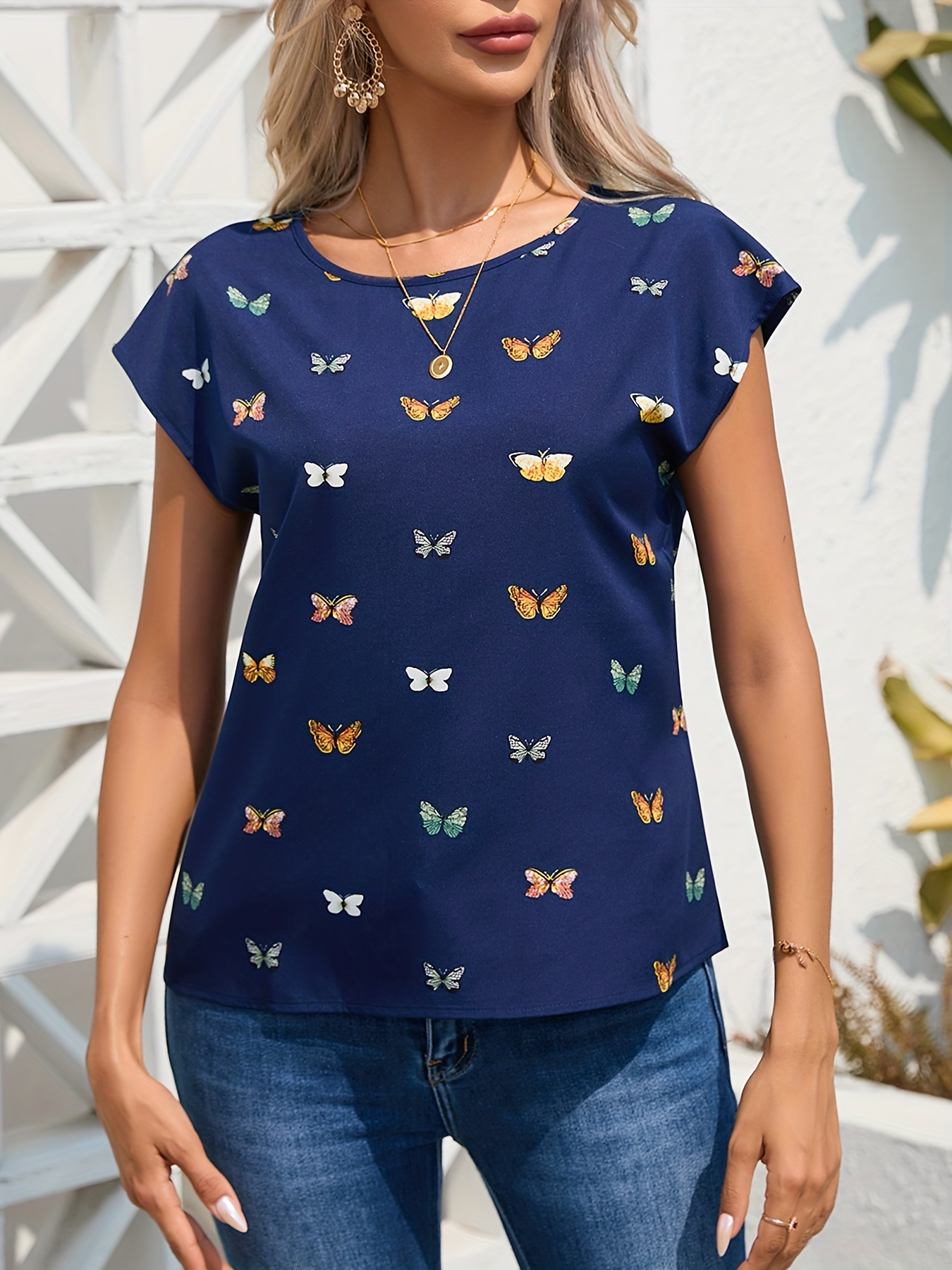 butterfly print blouse casual crew neck short sleeve blouse womens clothing details 8