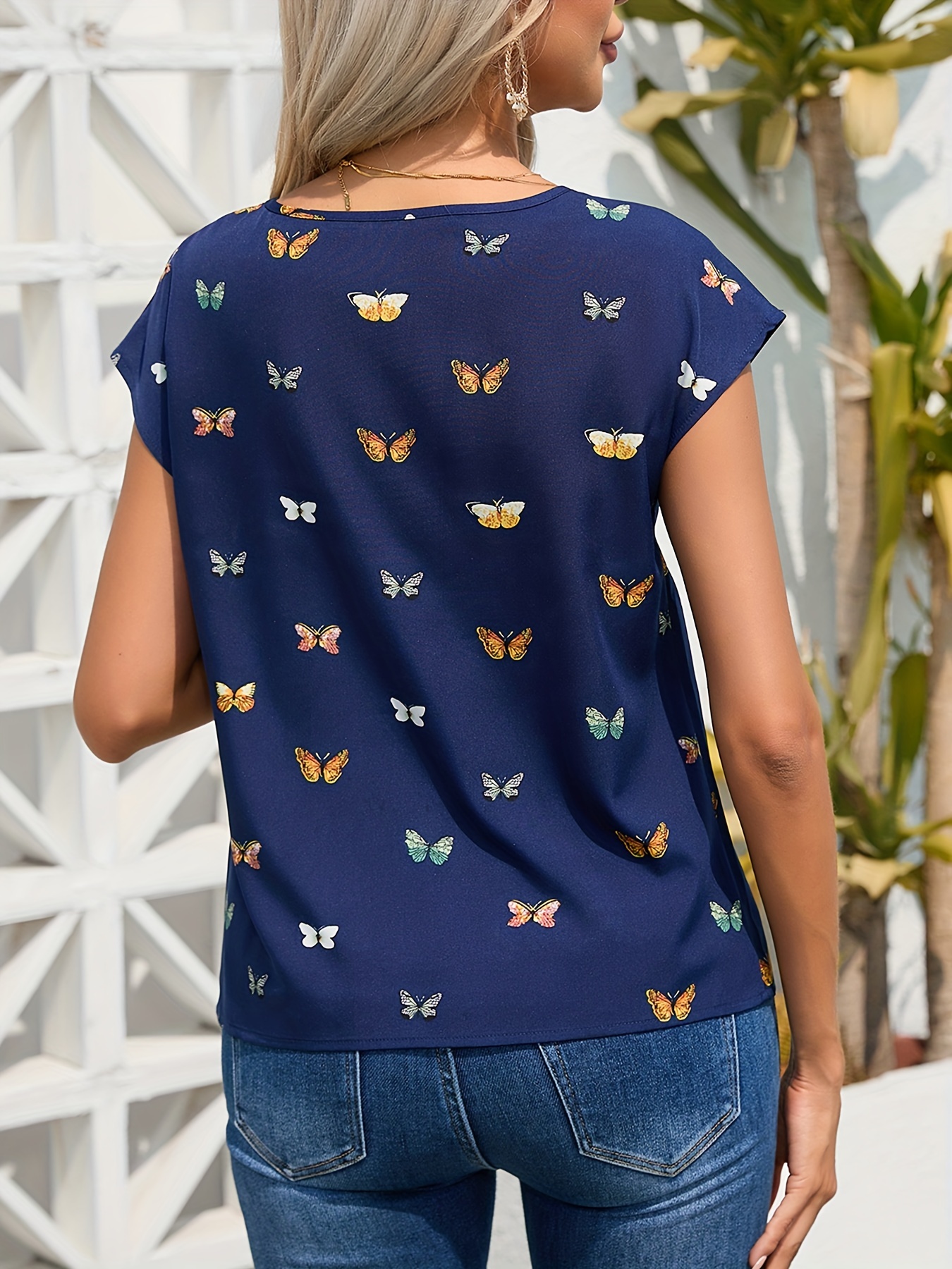 butterfly print blouse casual crew neck short sleeve blouse womens clothing details 9