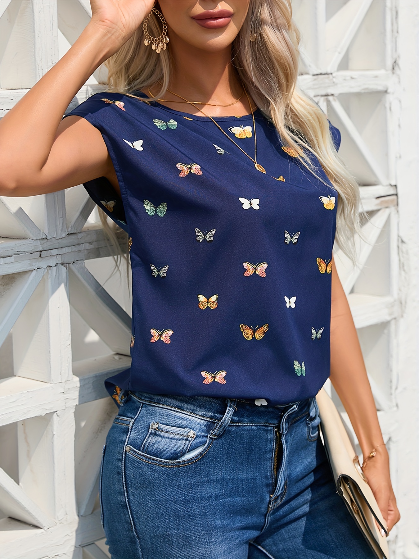 butterfly print blouse casual crew neck short sleeve blouse womens clothing details 10