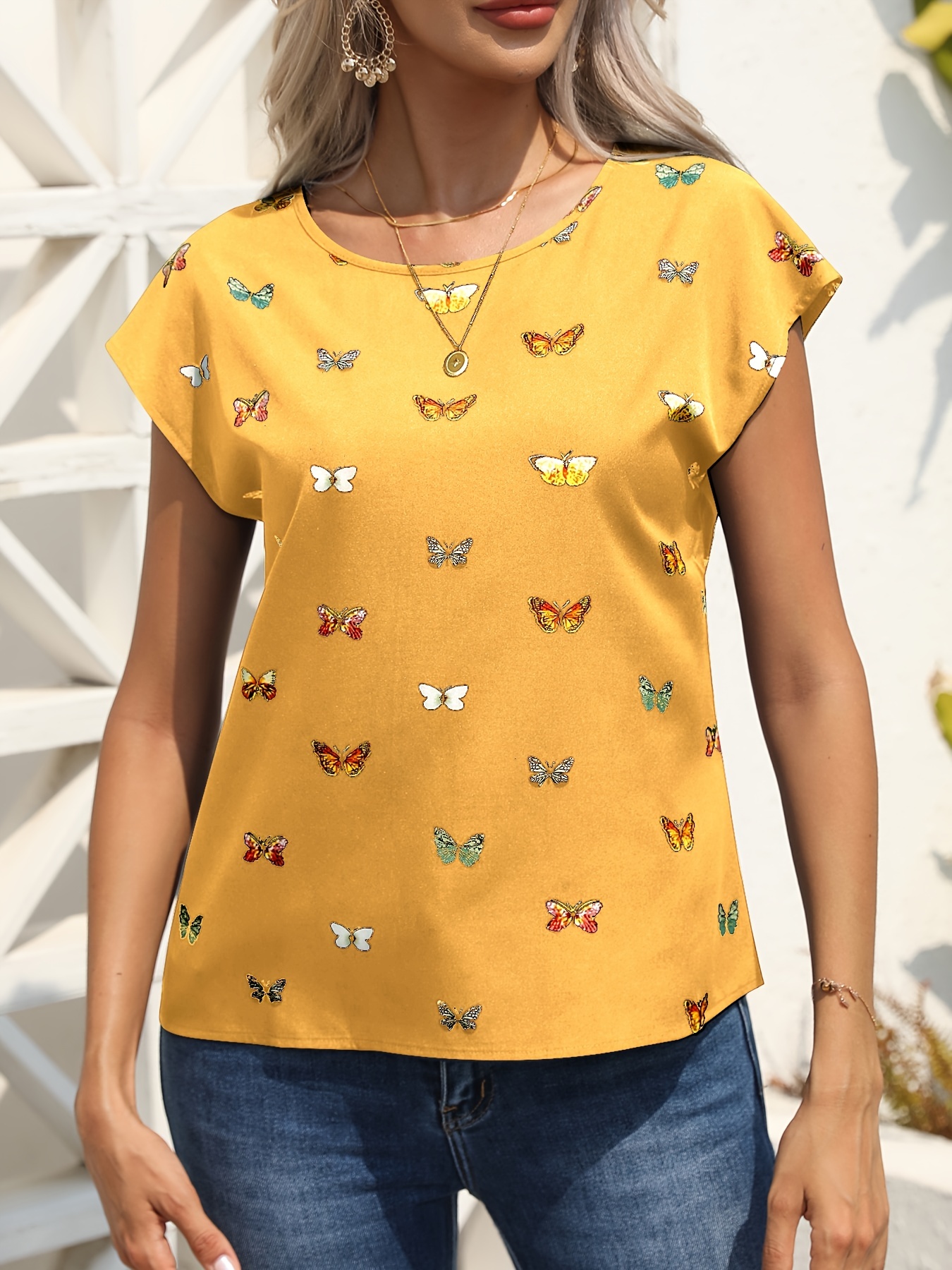 butterfly print blouse casual crew neck short sleeve blouse womens clothing details 13