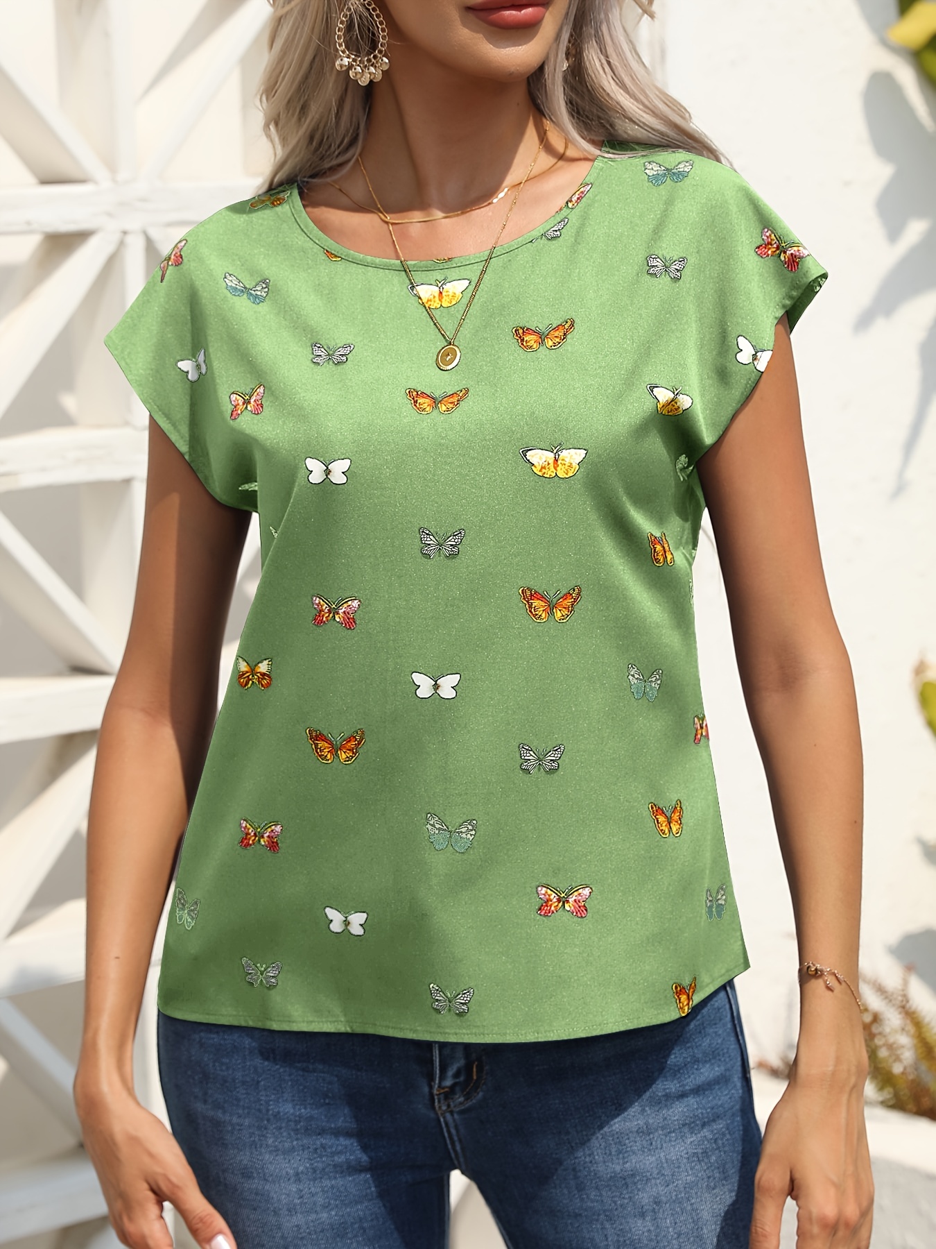 butterfly print blouse casual crew neck short sleeve blouse womens clothing details 17