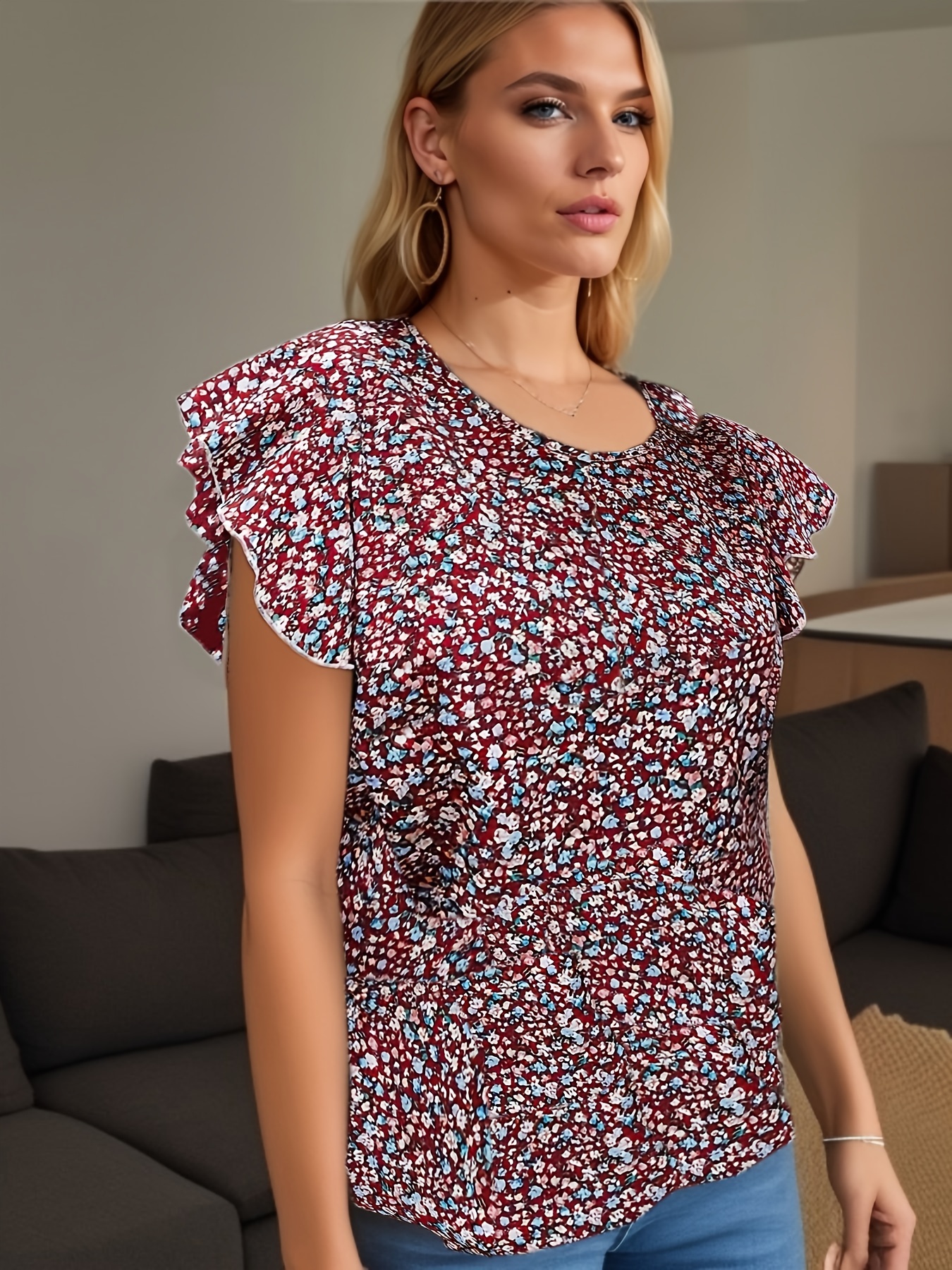 ditsy floral print blouse elegant round neck summer blouse womens clothing details 13