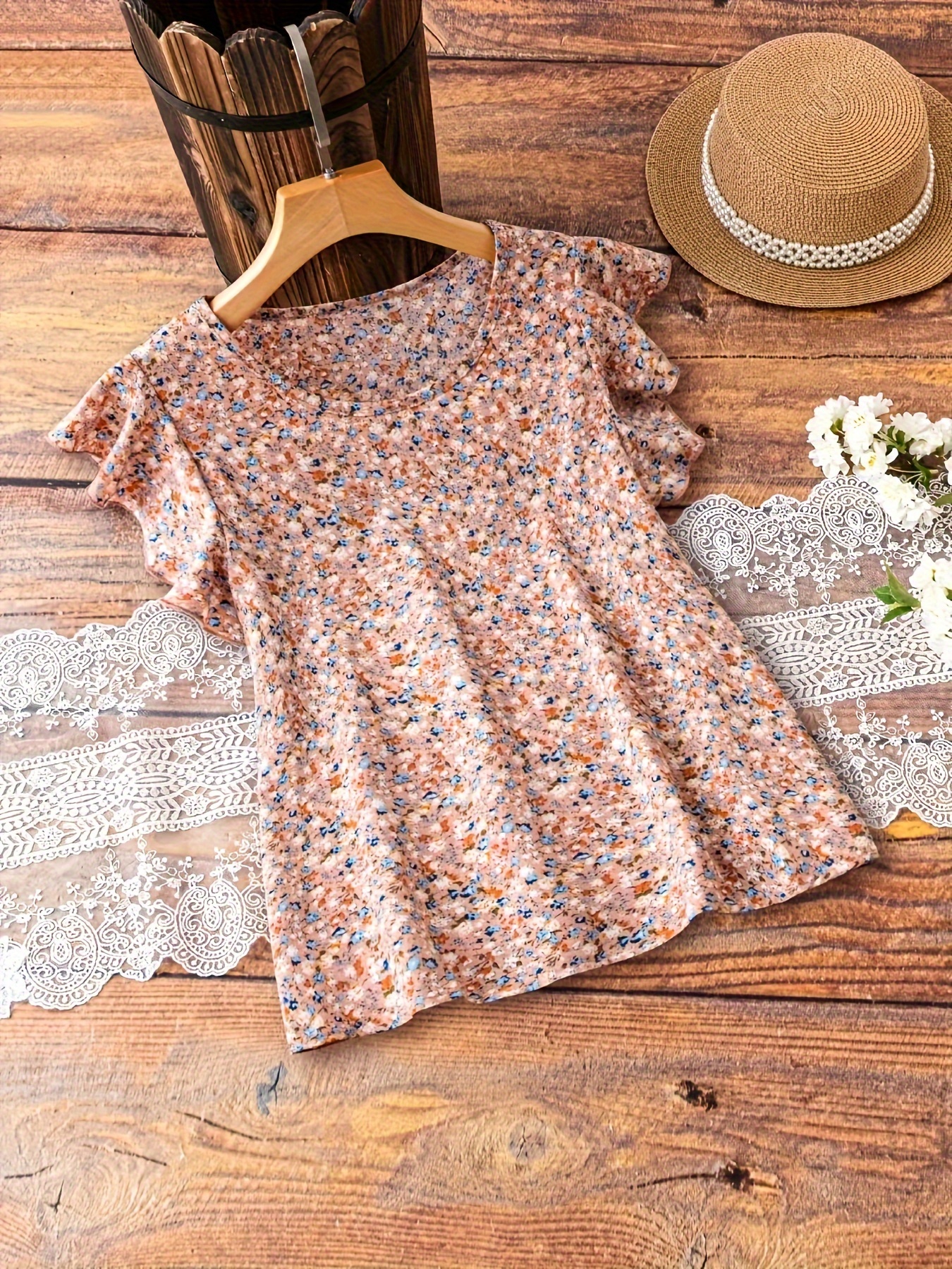 ditsy floral print blouse elegant round neck summer blouse womens clothing details 15