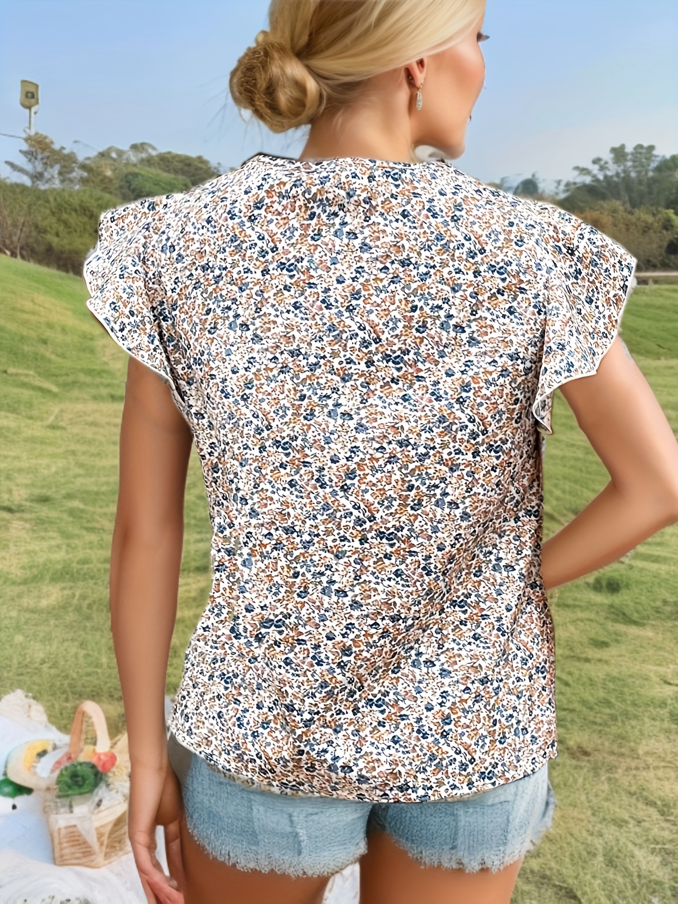 ditsy floral print blouse elegant round neck summer blouse womens clothing details 24