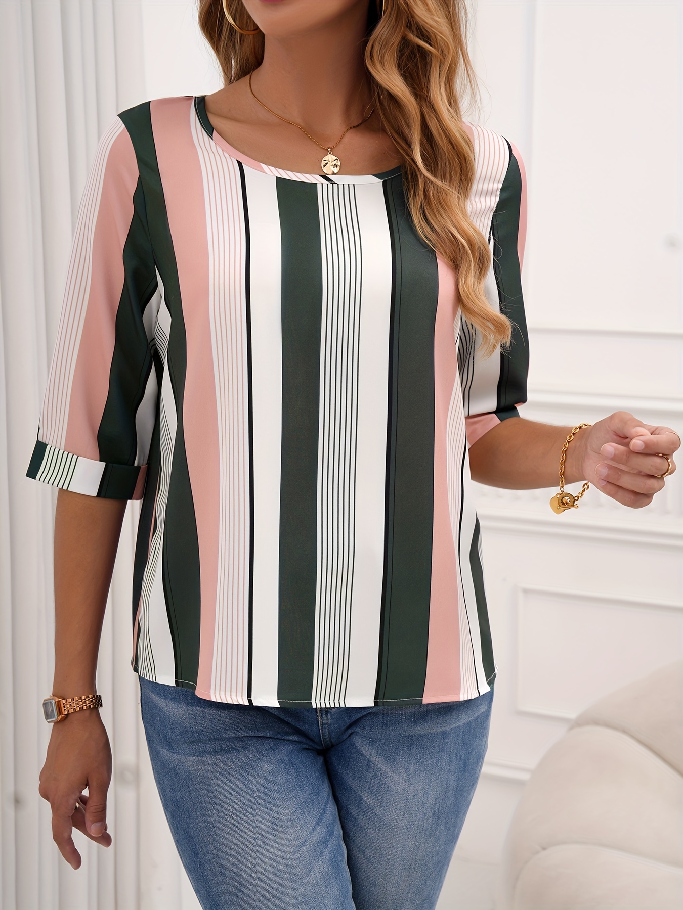 color block striped blouse casual crew neck half sleeve blouse womens clothing details 0