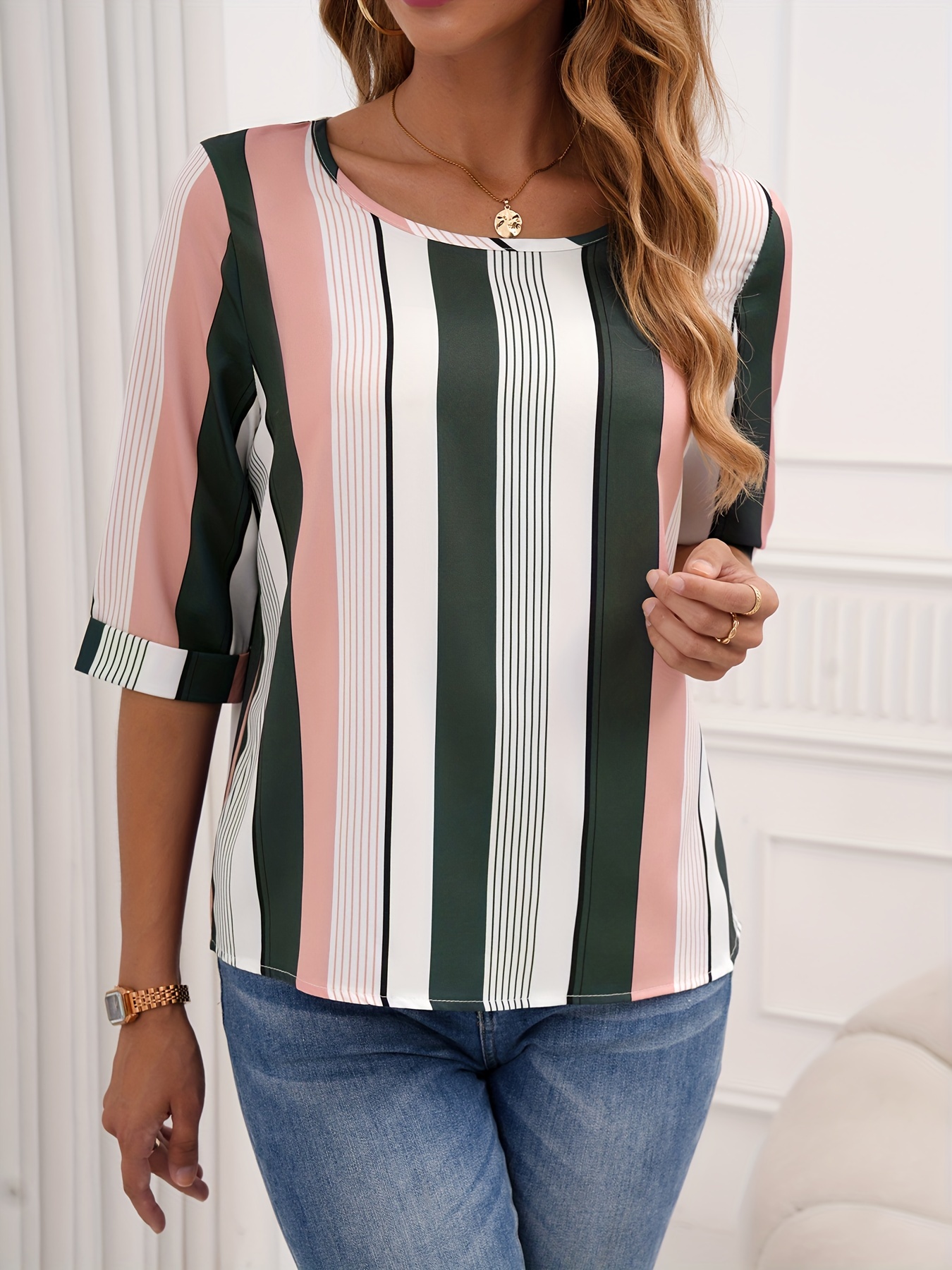 color block striped blouse casual crew neck half sleeve blouse womens clothing details 2