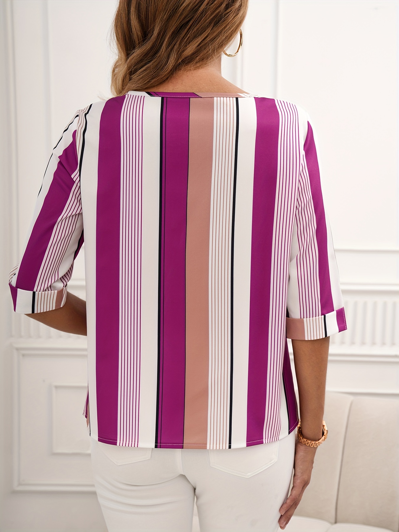 color block striped blouse casual crew neck half sleeve blouse womens clothing details 11