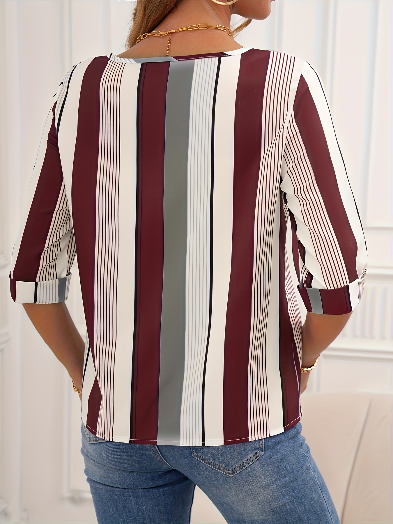 color block striped blouse casual crew neck half sleeve blouse womens clothing details 16