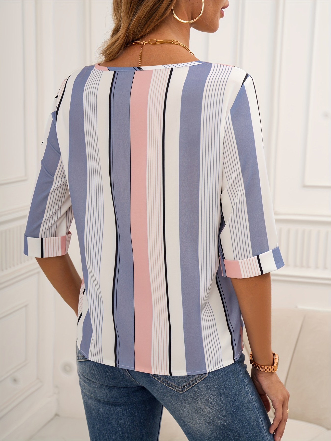 color block striped blouse casual crew neck half sleeve blouse womens clothing details 22