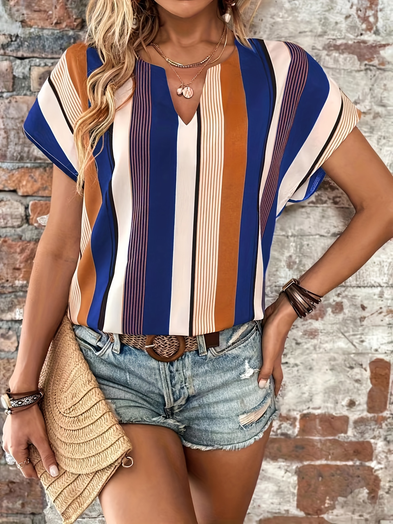 striped print short sleeve shirt casual split crew neck summer shirt womens clothing details 3