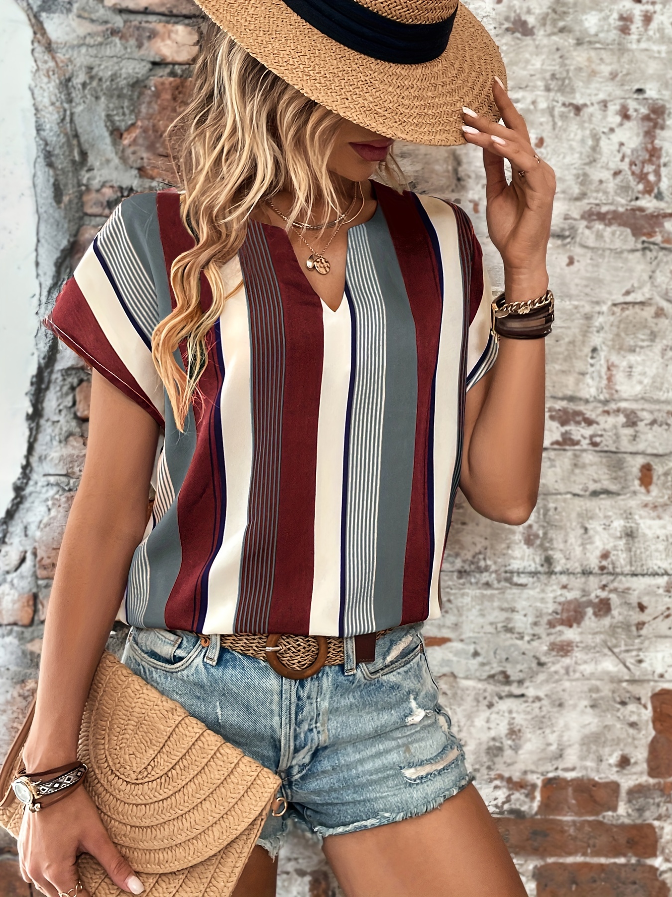 striped print short sleeve shirt casual split crew neck summer shirt womens clothing details 11