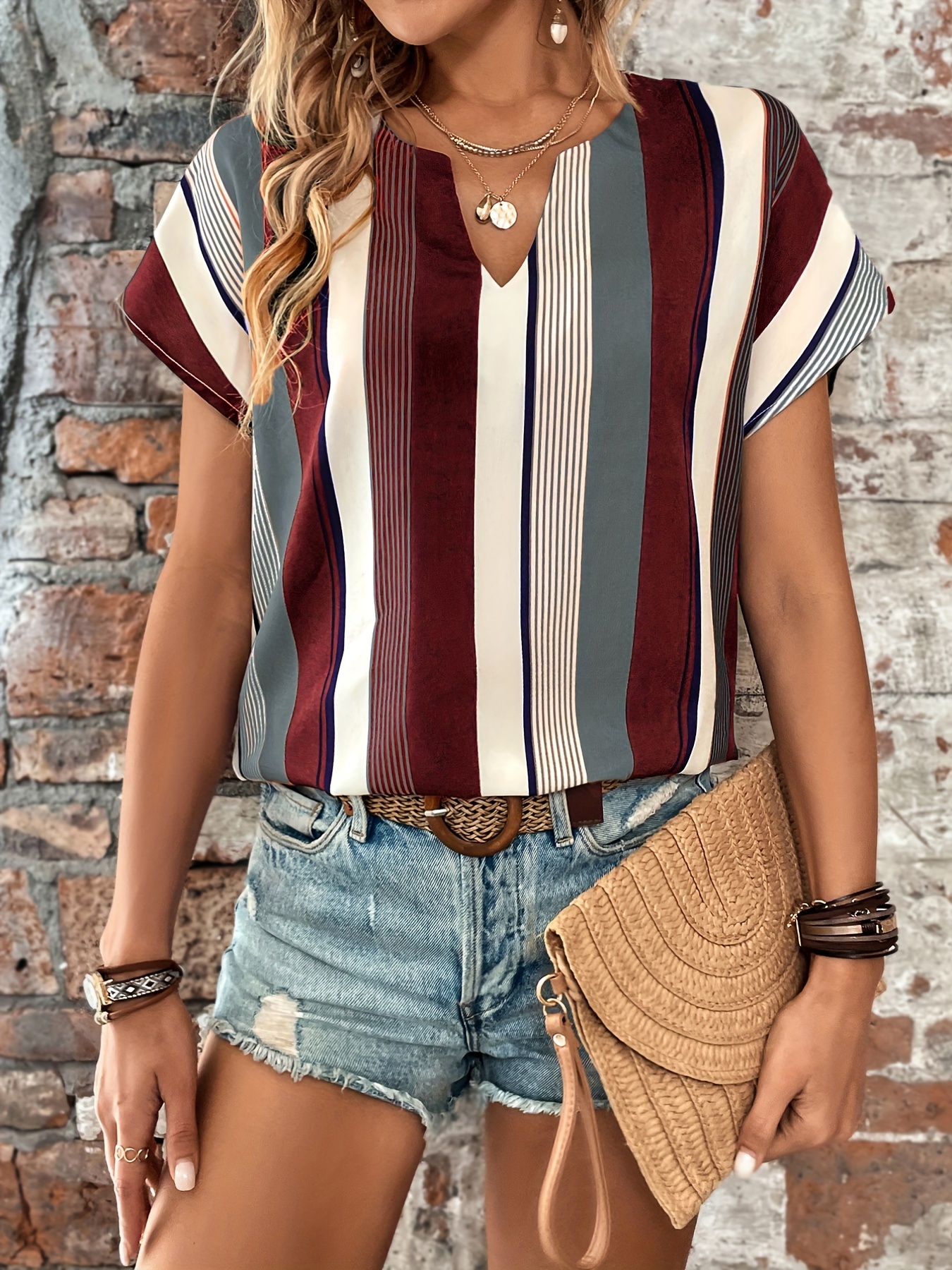 striped print short sleeve shirt casual split crew neck summer shirt womens clothing details 12