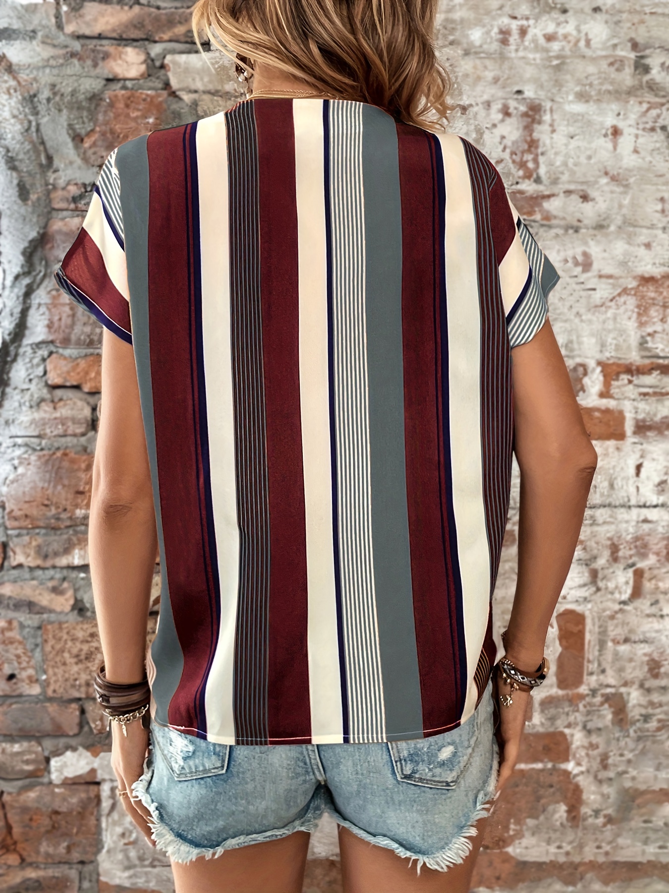 striped print short sleeve shirt casual split crew neck summer shirt womens clothing details 13