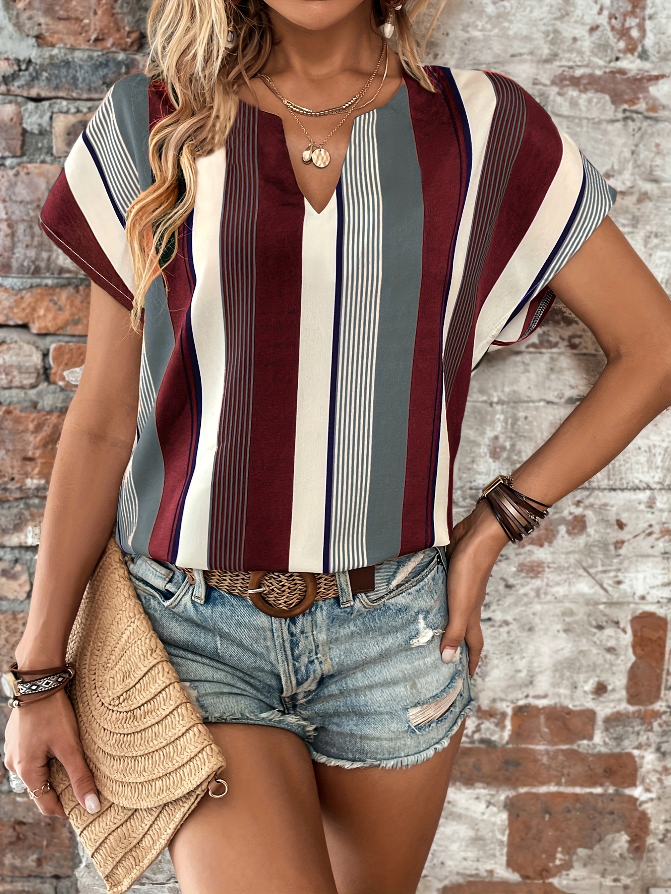 striped print short sleeve shirt casual split crew neck summer shirt womens clothing details 14