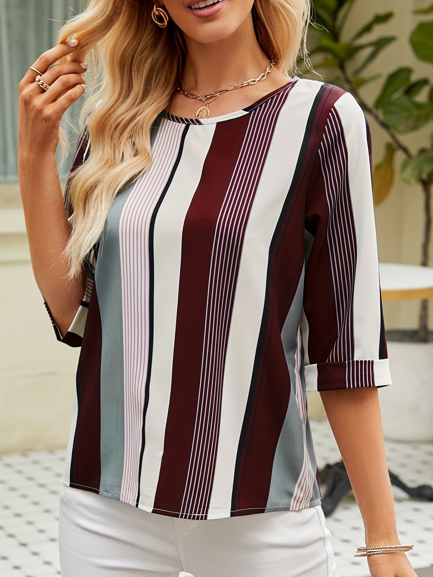 striped color block blouse crew neck 3 4 sleeve casual random printing blouse womens clothing details 4