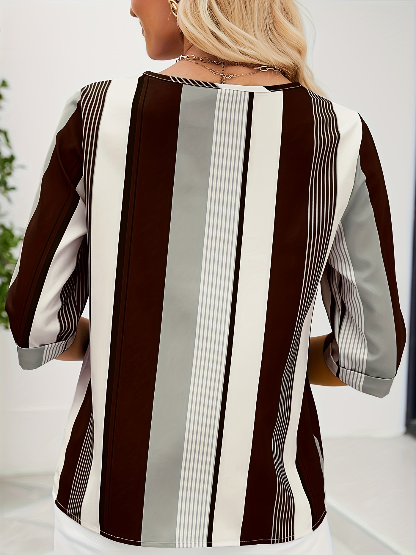 striped color block blouse crew neck 3 4 sleeve casual random printing blouse womens clothing details 11