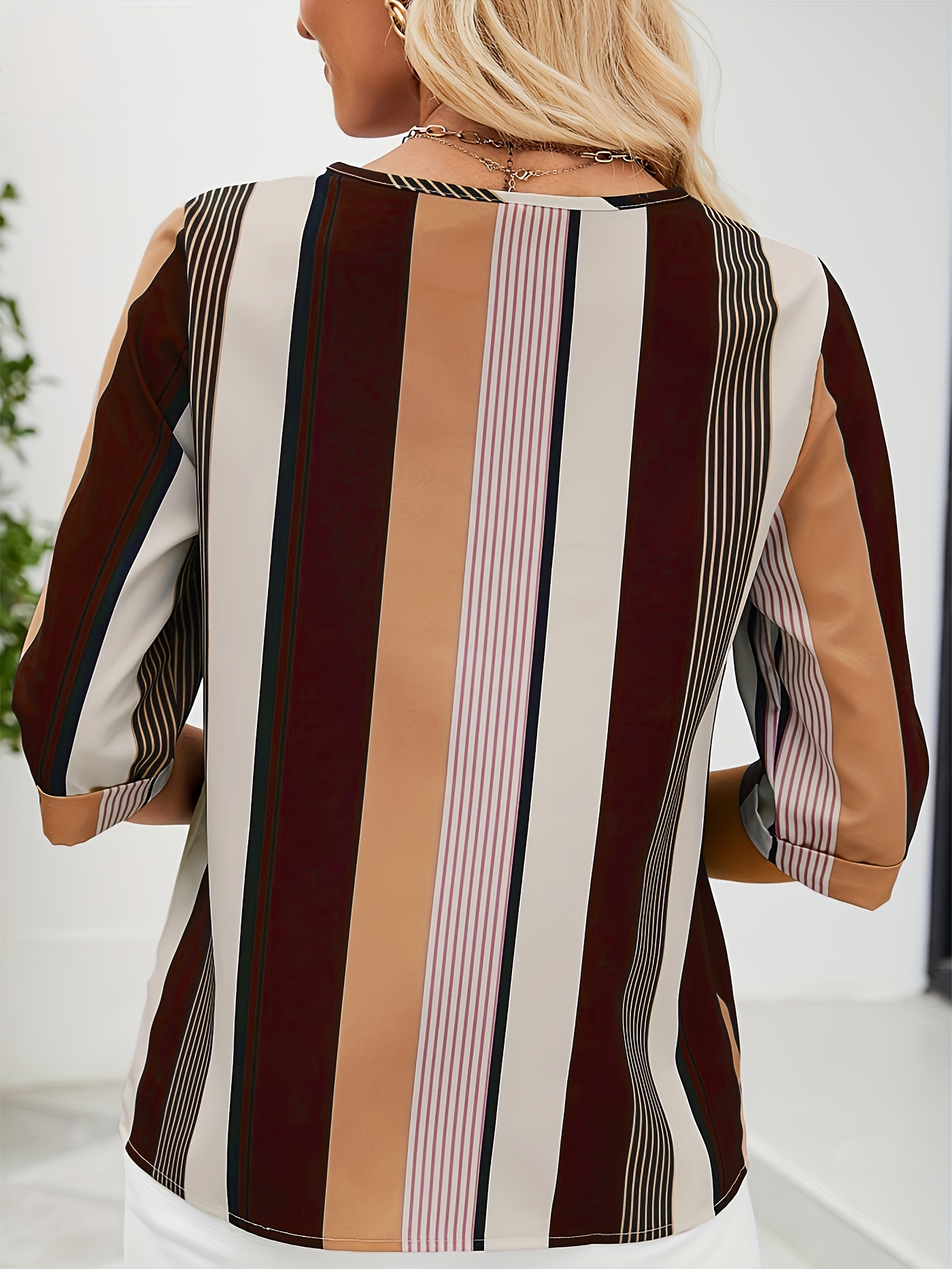 striped color block blouse crew neck 3 4 sleeve casual random printing blouse womens clothing details 42