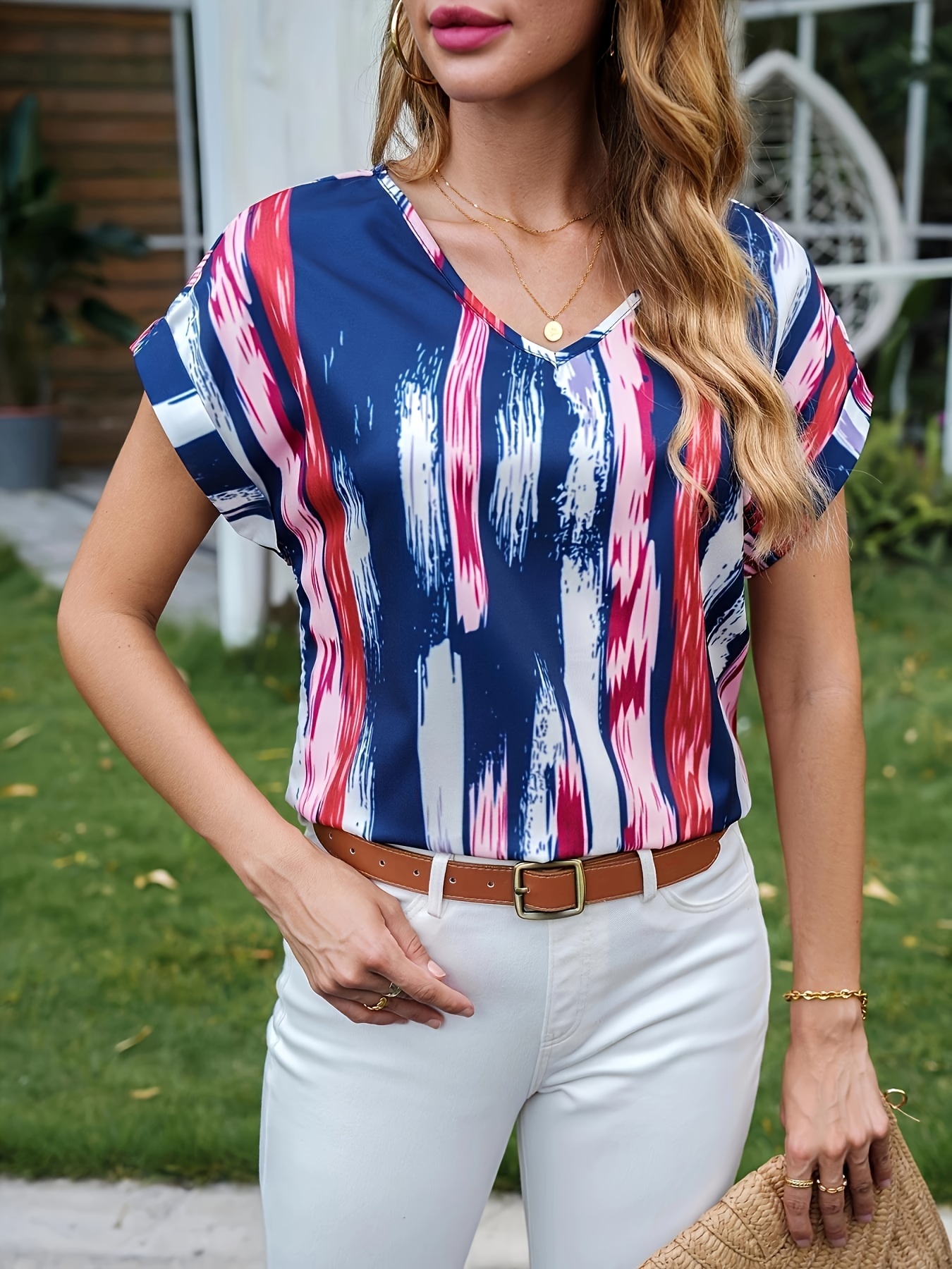 casual striped v neck blouse loose short sleeve blouse for spring summer womens clothing details 7