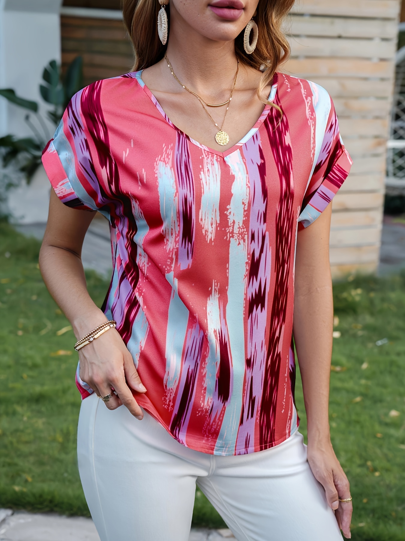 casual striped v neck blouse loose short sleeve blouse for spring summer womens clothing details 12