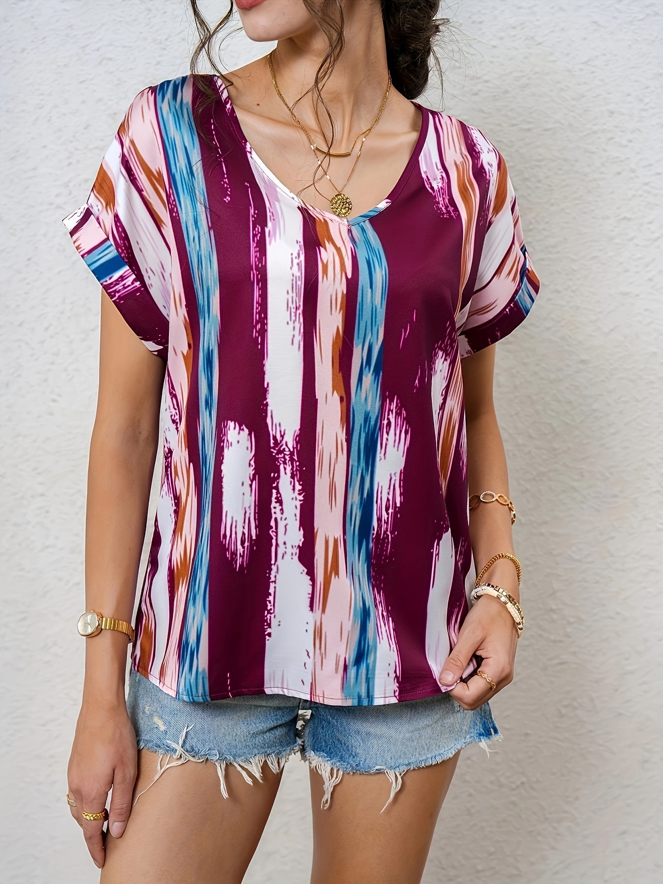 casual striped v neck blouse loose short sleeve blouse for spring summer womens clothing details 17