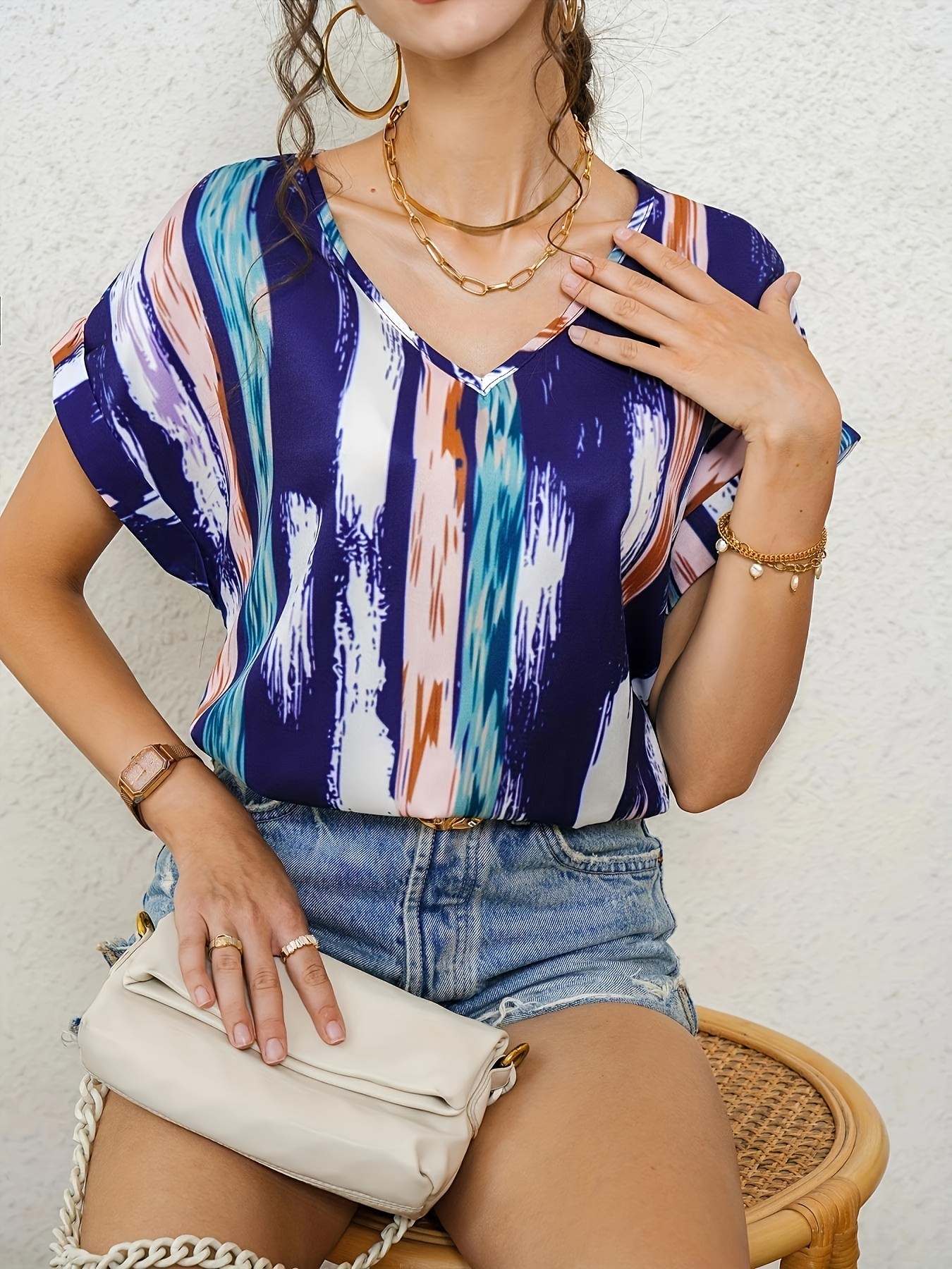 casual striped v neck blouse loose short sleeve blouse for spring summer womens clothing details 21