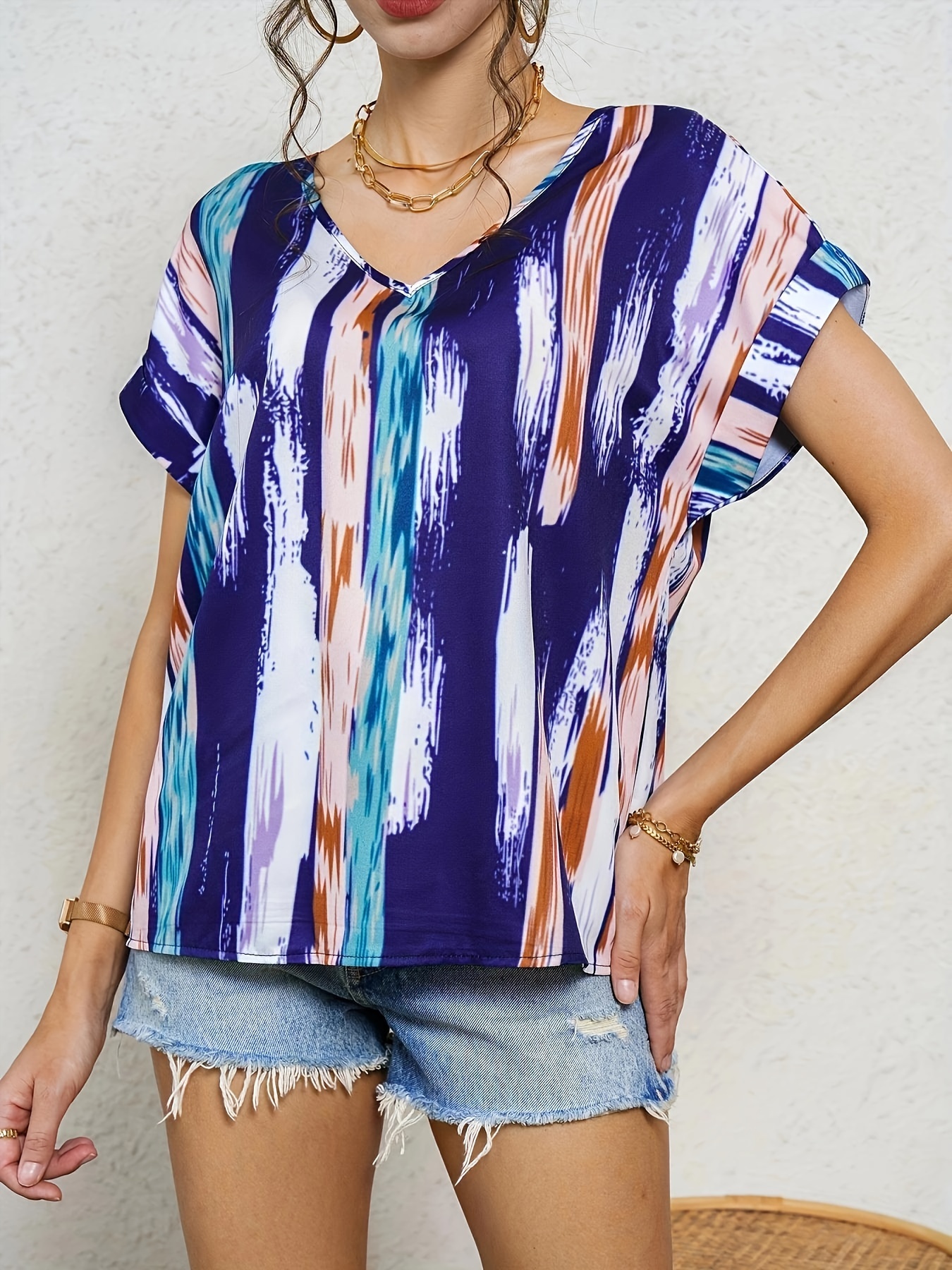 casual striped v neck blouse loose short sleeve blouse for spring summer womens clothing details 22