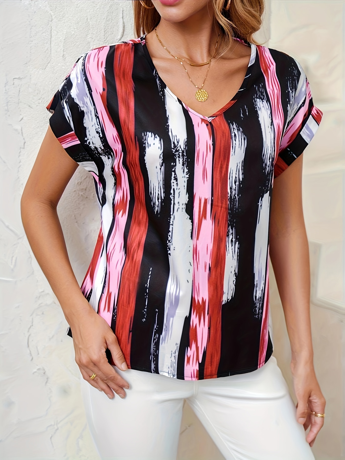 casual striped v neck blouse loose short sleeve blouse for spring summer womens clothing details 28