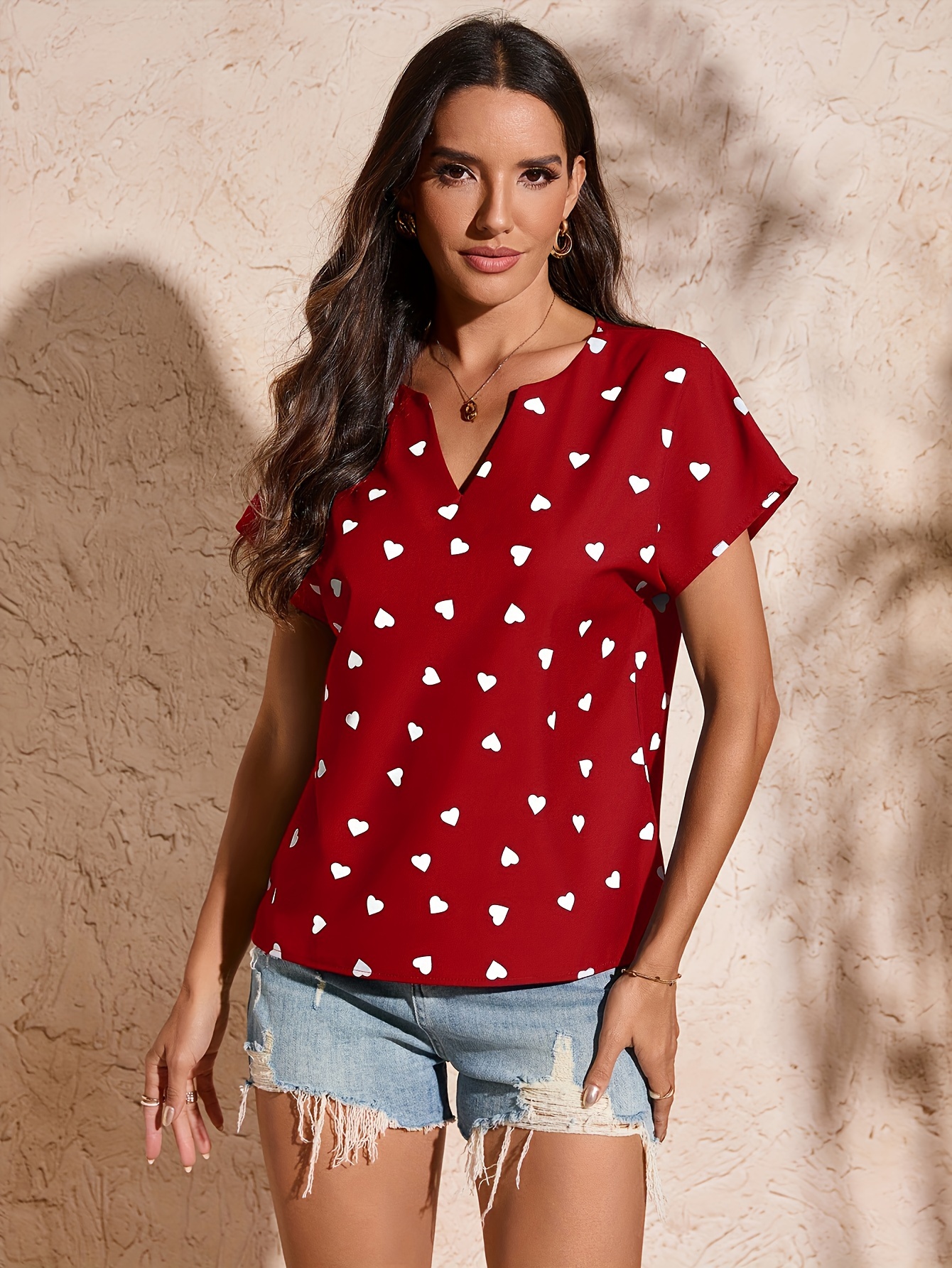 heart print v neck blouse elegant short sleeve top for spring summer womens clothing details 18