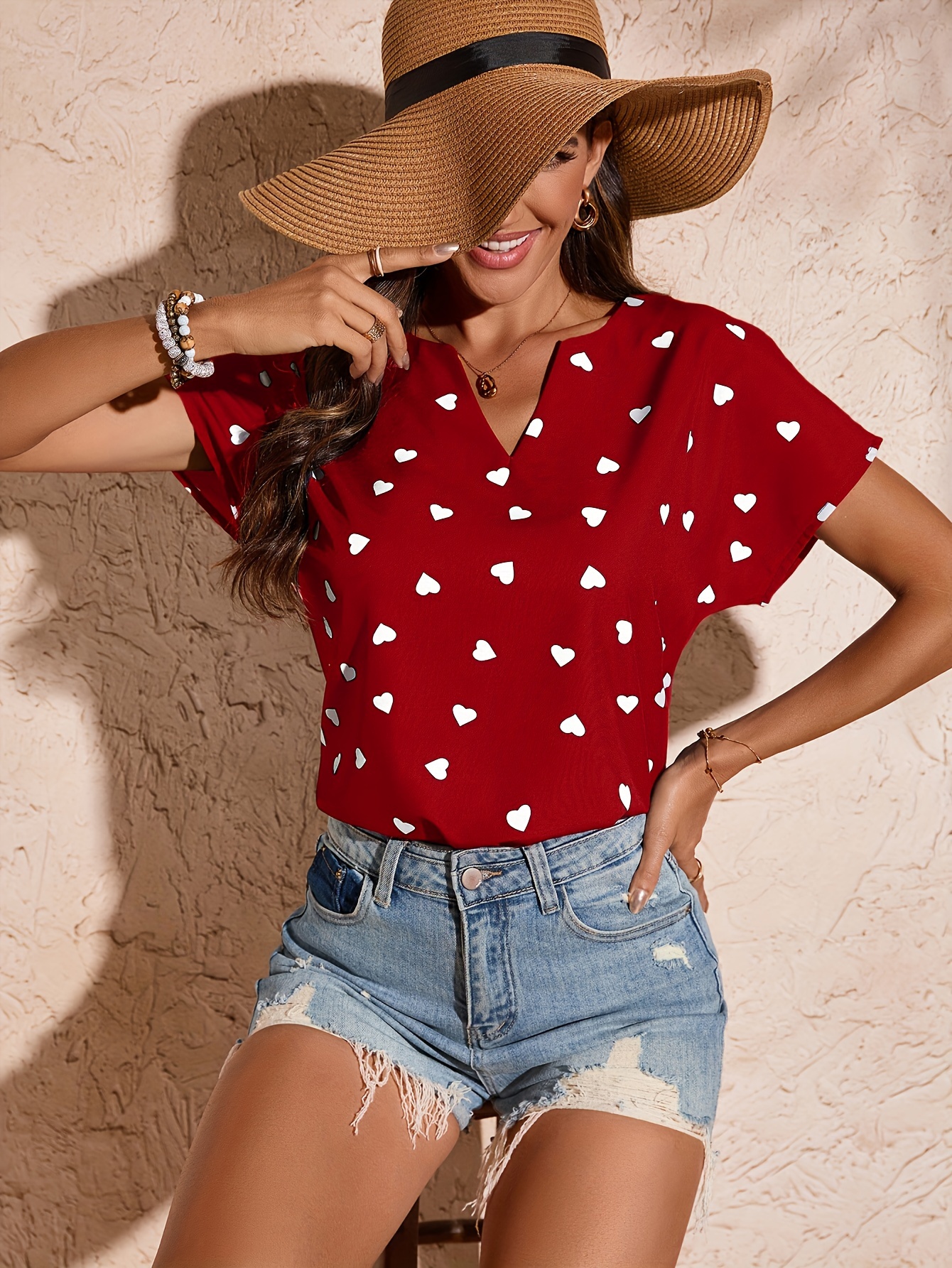 heart print v neck blouse elegant short sleeve top for spring summer womens clothing details 19