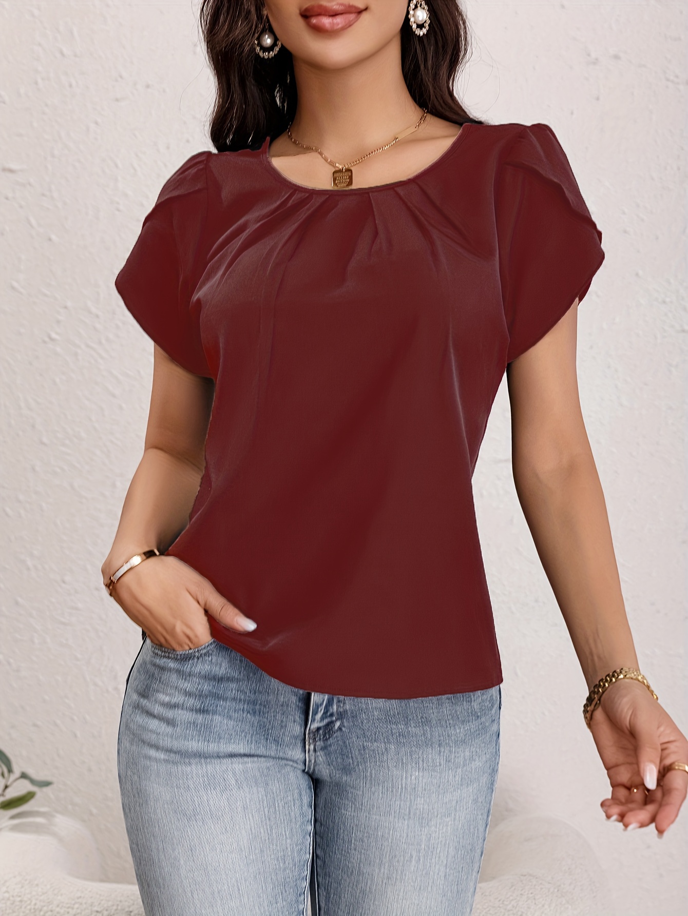 solid crew neck blouse elegant short sleeve ruched blouse for spring summer womens clothing details 2