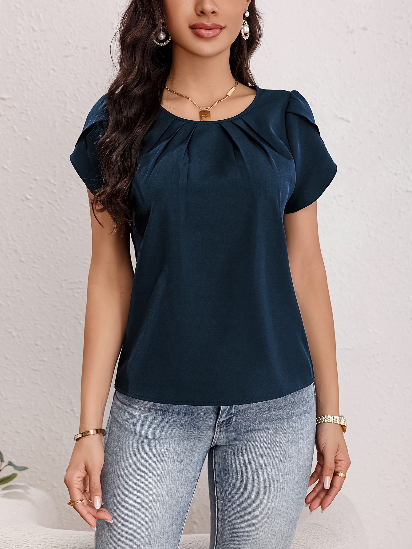 solid crew neck blouse elegant short sleeve ruched blouse for spring summer womens clothing details 5