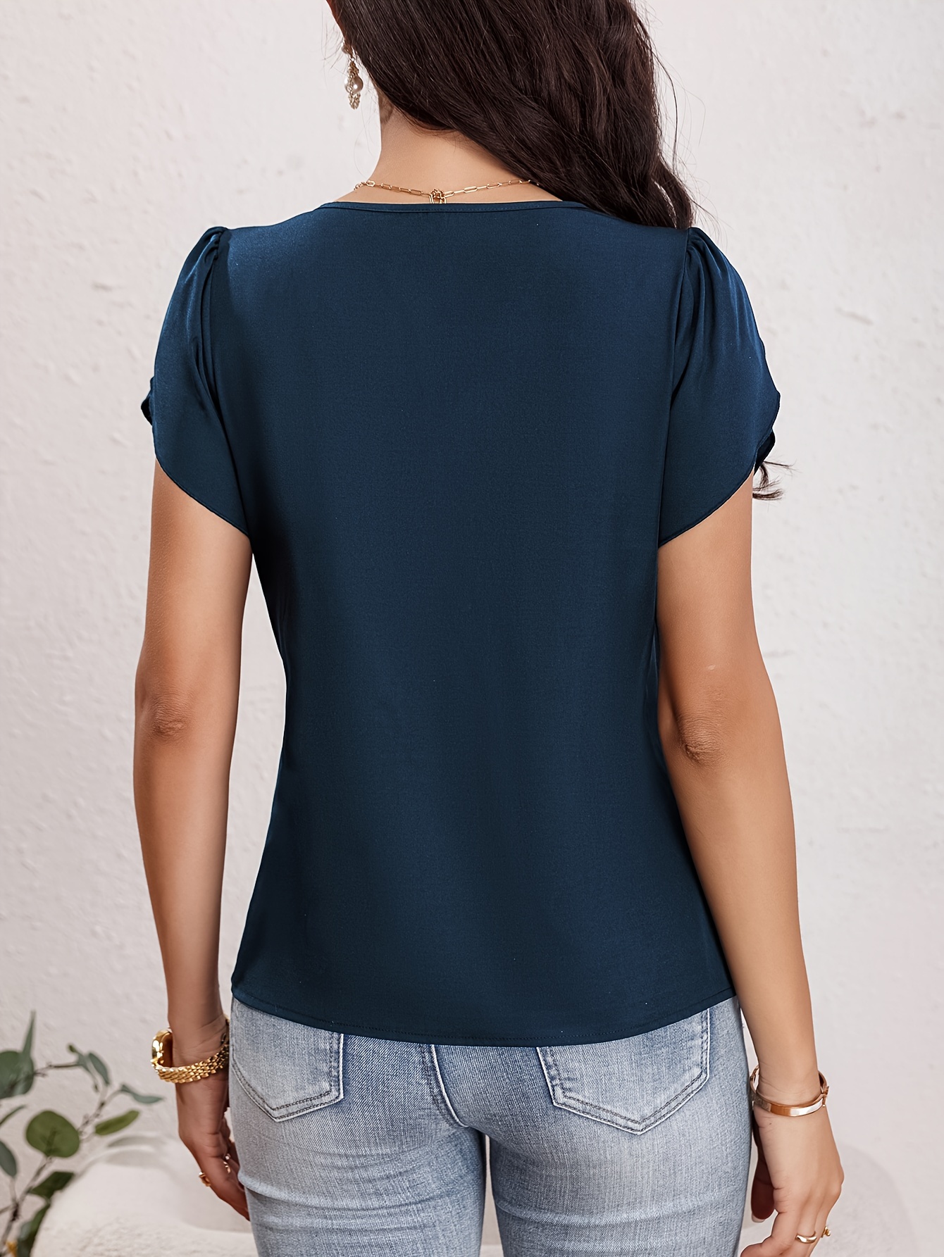 solid crew neck blouse elegant short sleeve ruched blouse for spring summer womens clothing details 7