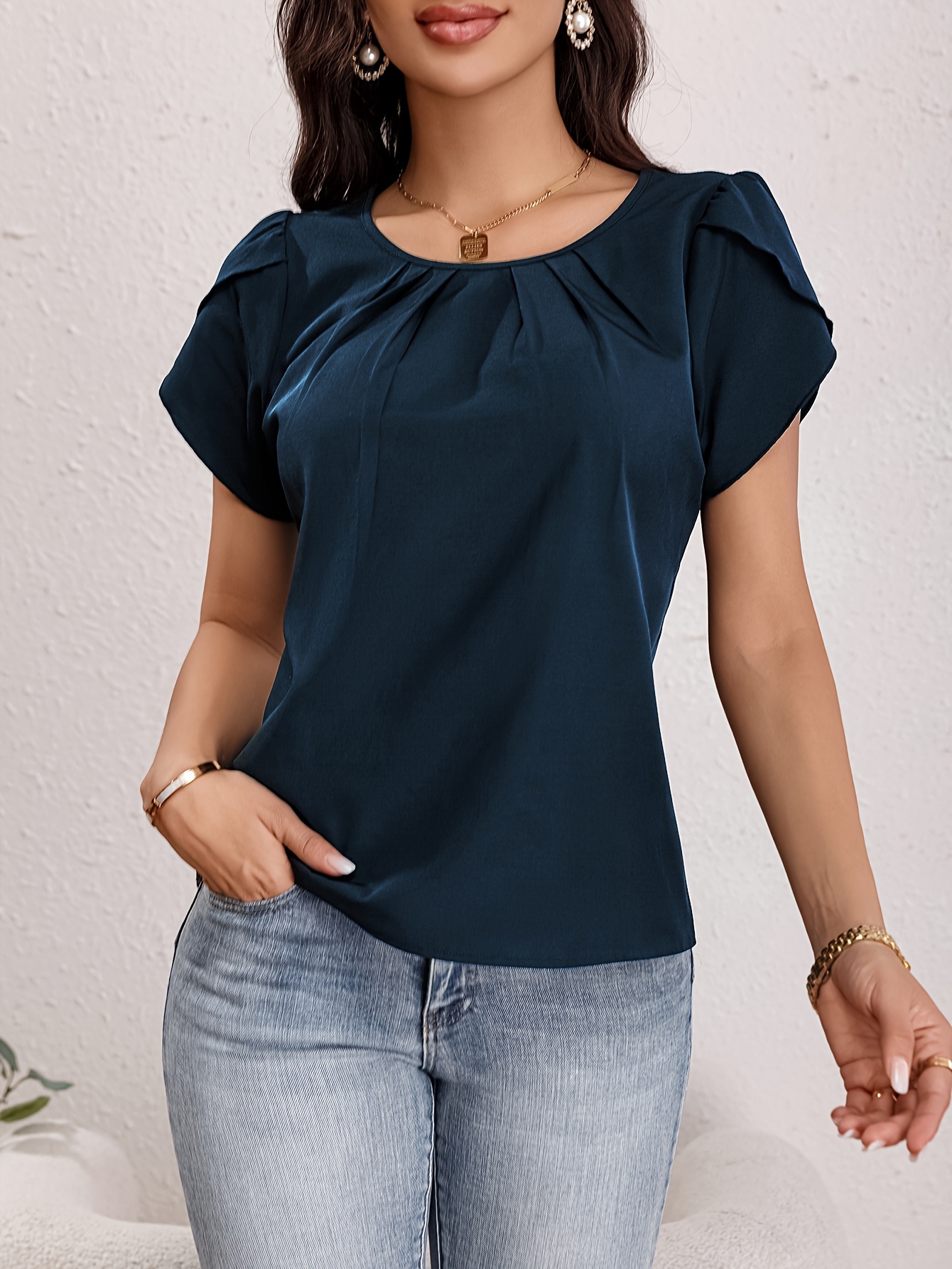 solid crew neck blouse elegant short sleeve ruched blouse for spring summer womens clothing details 9