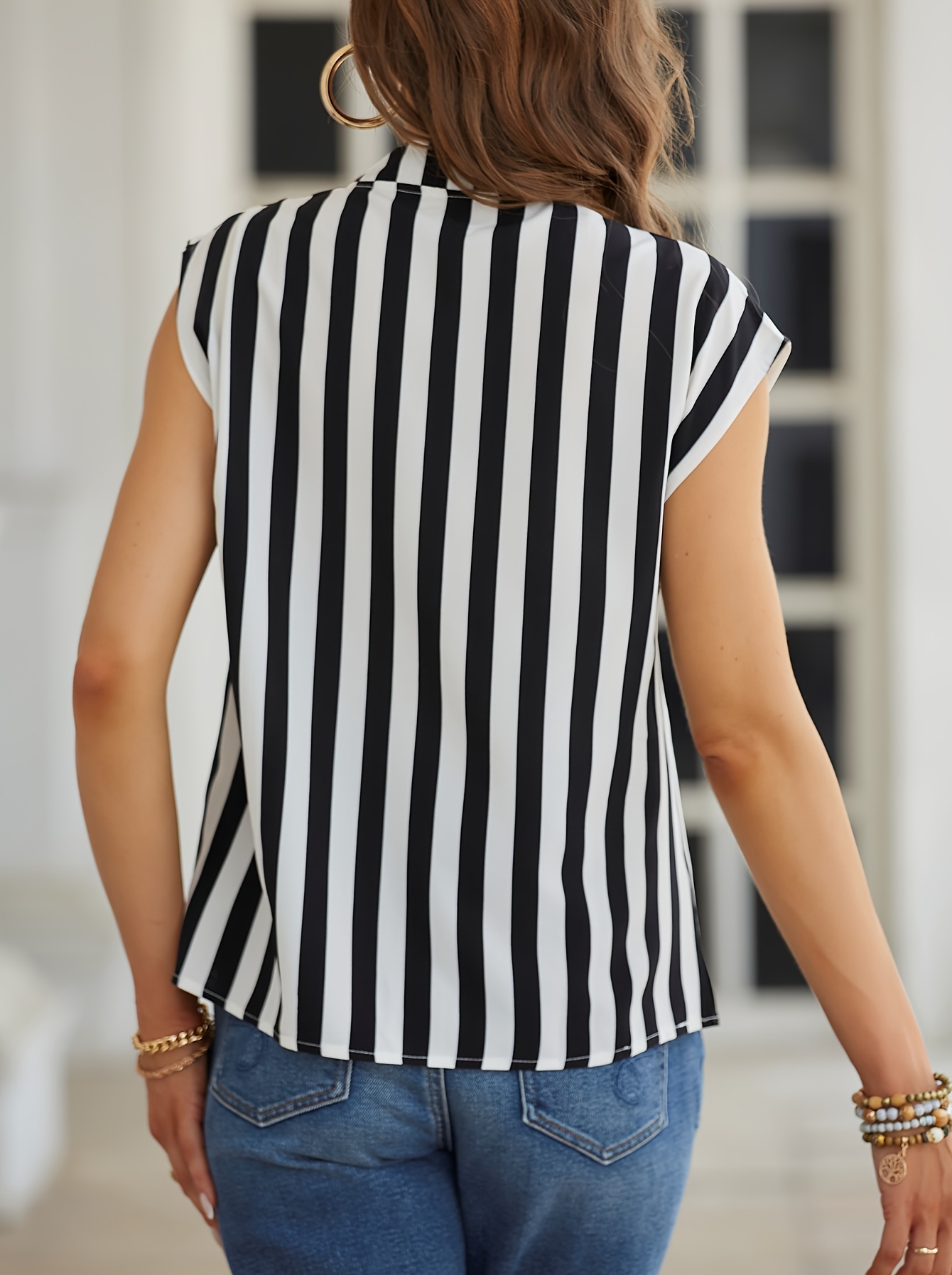 vintage striped print notched neck blouse casual short sleeve summer blouse womens clothing details 1