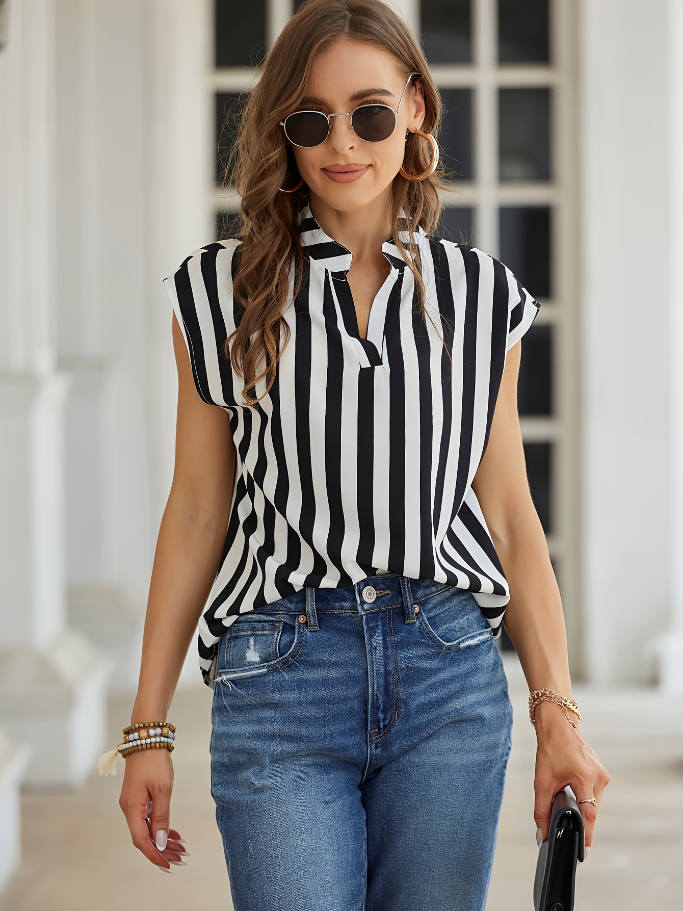 vintage striped print notched neck blouse casual short sleeve summer blouse womens clothing details 4