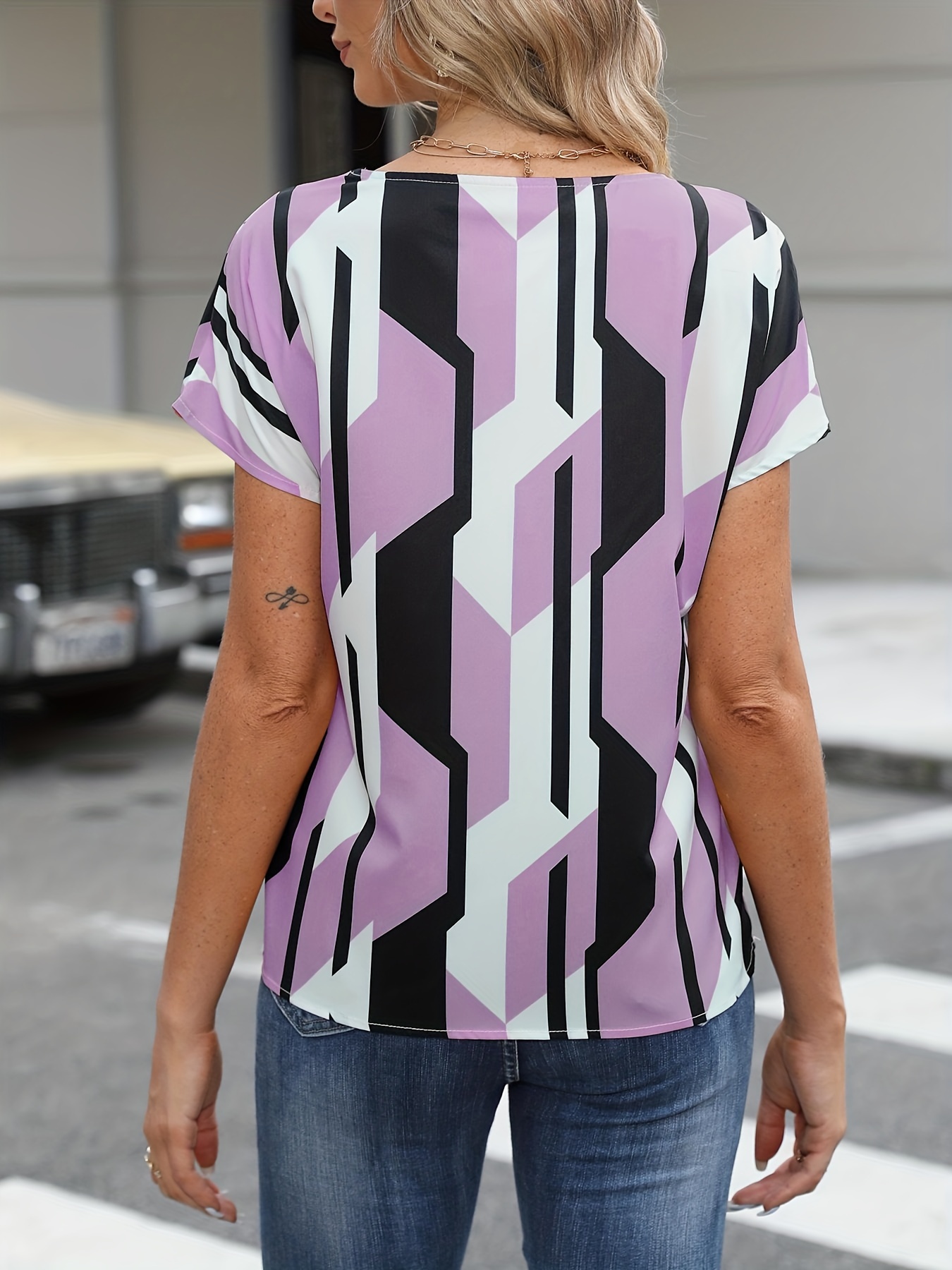 color block graphic print blouse notched neck casual short sleeve blouse womens clothing details 10