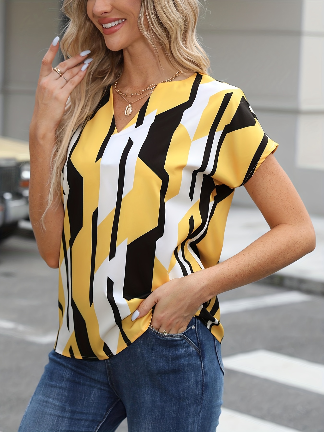 color block graphic print blouse notched neck casual short sleeve blouse womens clothing details 20