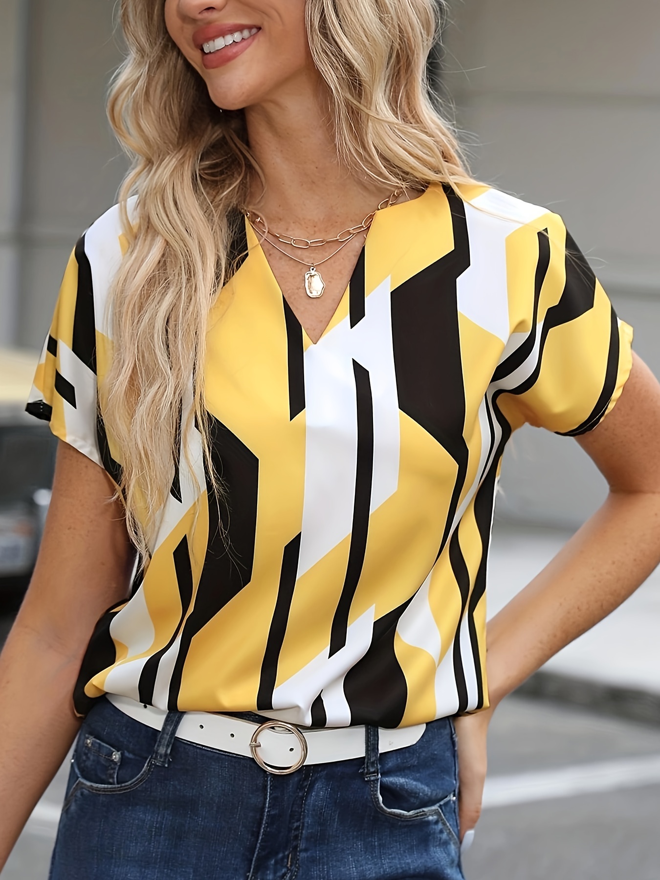 color block graphic print blouse notched neck casual short sleeve blouse womens clothing details 21