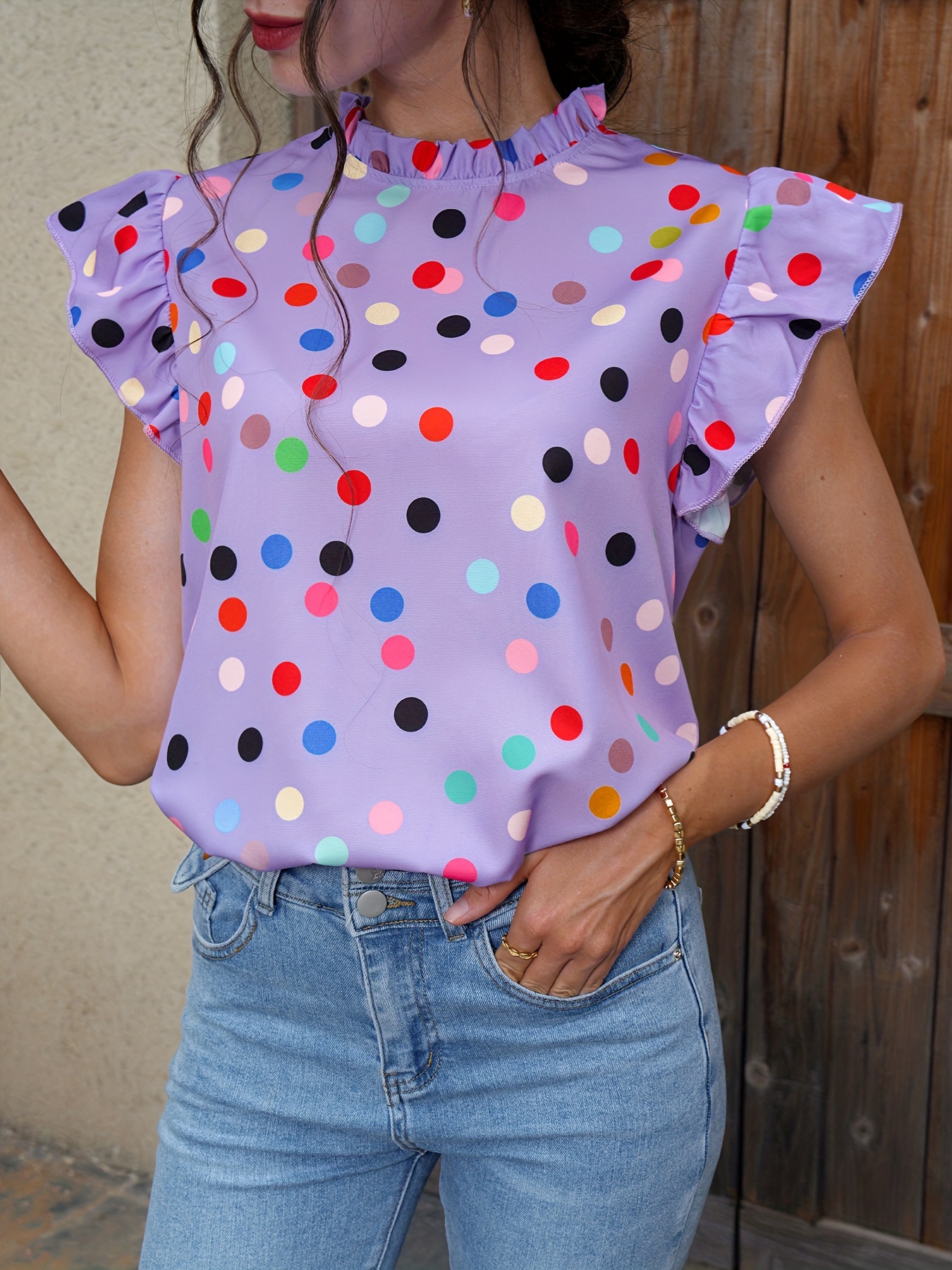 polka dot ruffle trim blouse casual crew neck blouse for spring summer womens clothing details 2