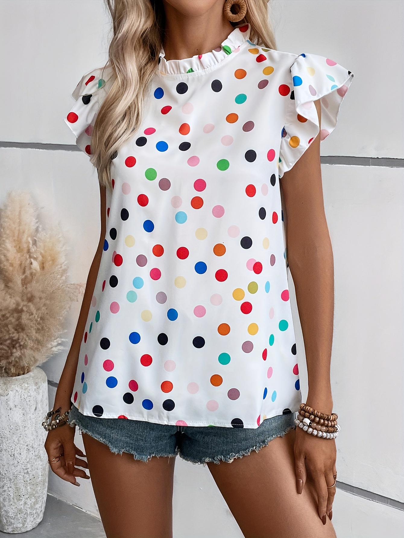 polka dot ruffle trim blouse casual crew neck blouse for spring summer womens clothing details 9