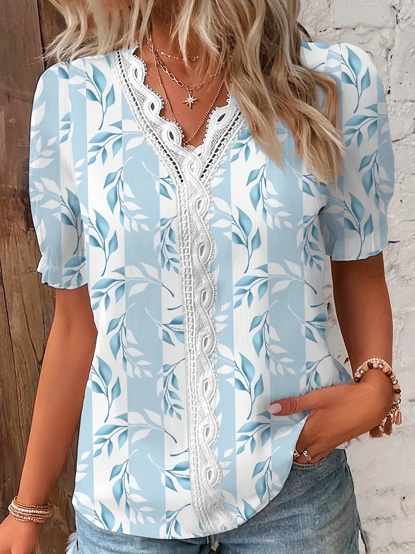 floral print contrast lace blouse casual v neck short sleeve summer blouse womens clothing details 3