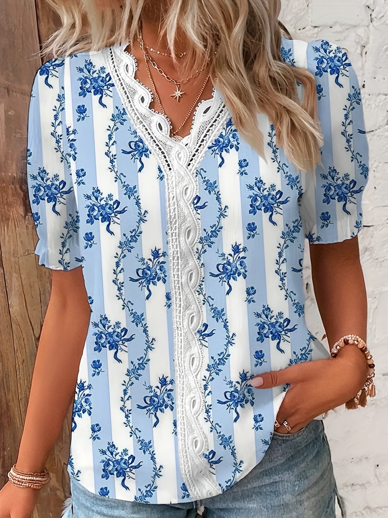 floral print contrast lace blouse casual v neck short sleeve summer blouse womens clothing details 6