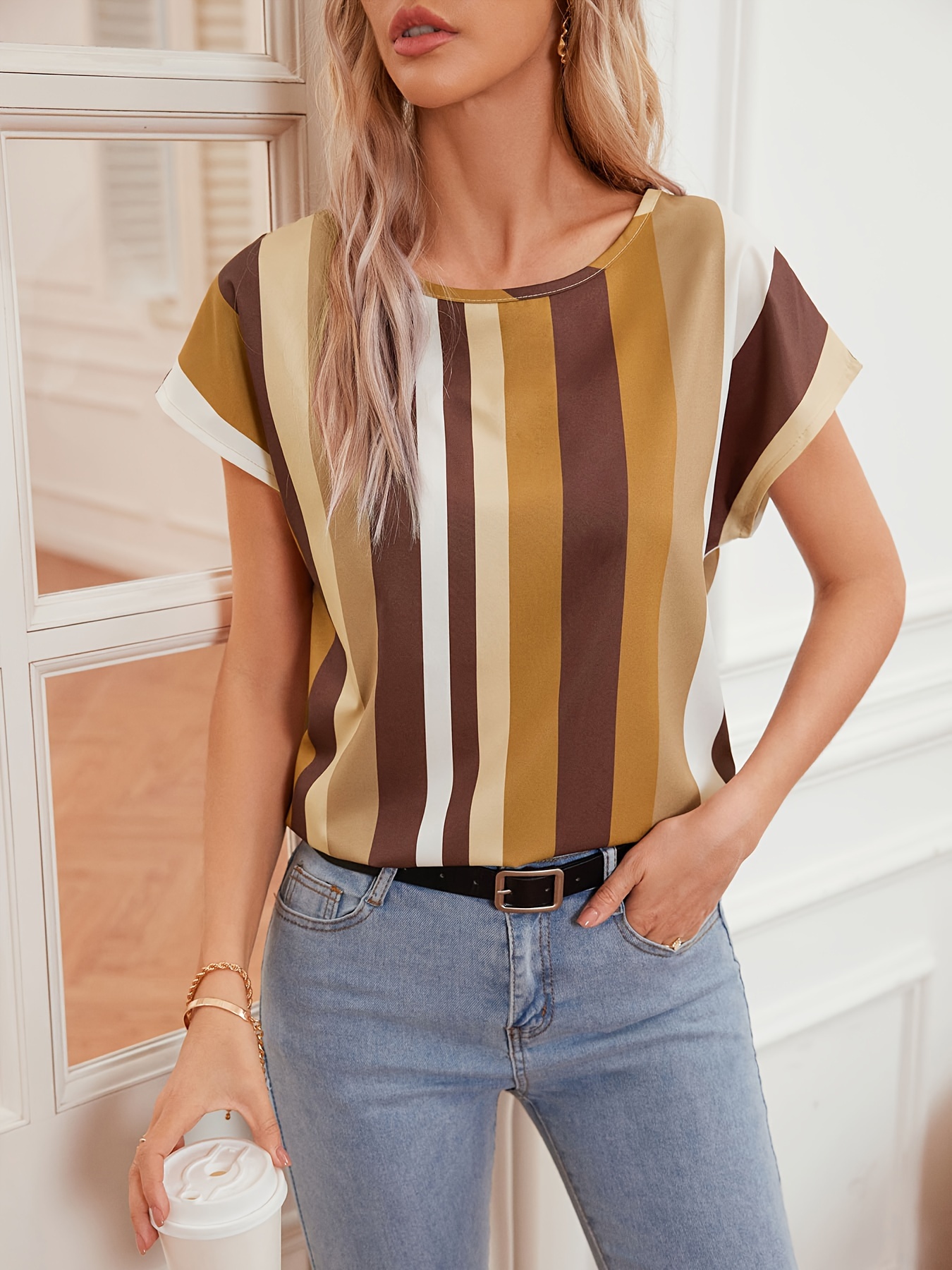 striped short sleeve t shirt elegant casual top for summer spring womens clothing details 1