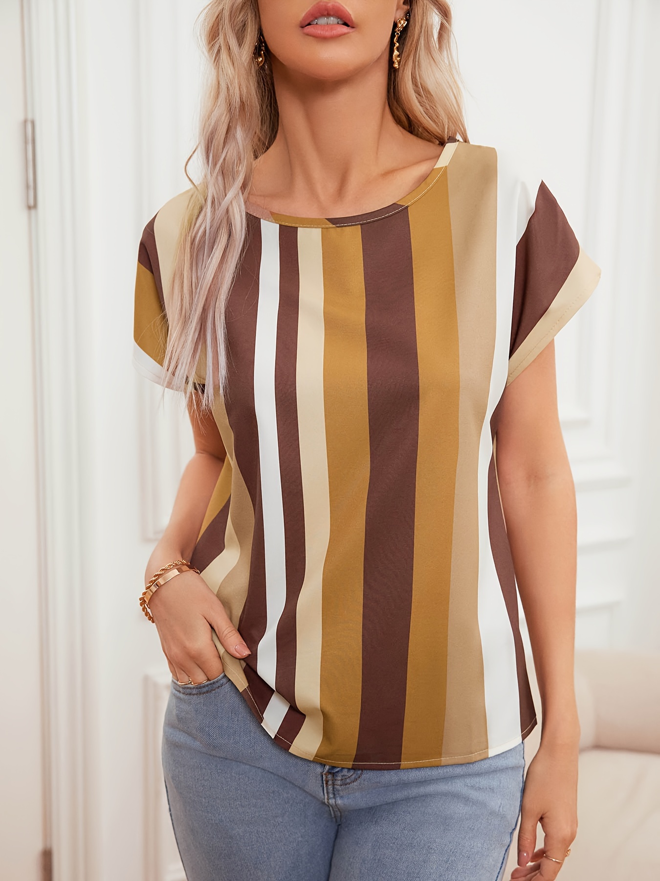 striped short sleeve t shirt elegant casual top for summer spring womens clothing details 5