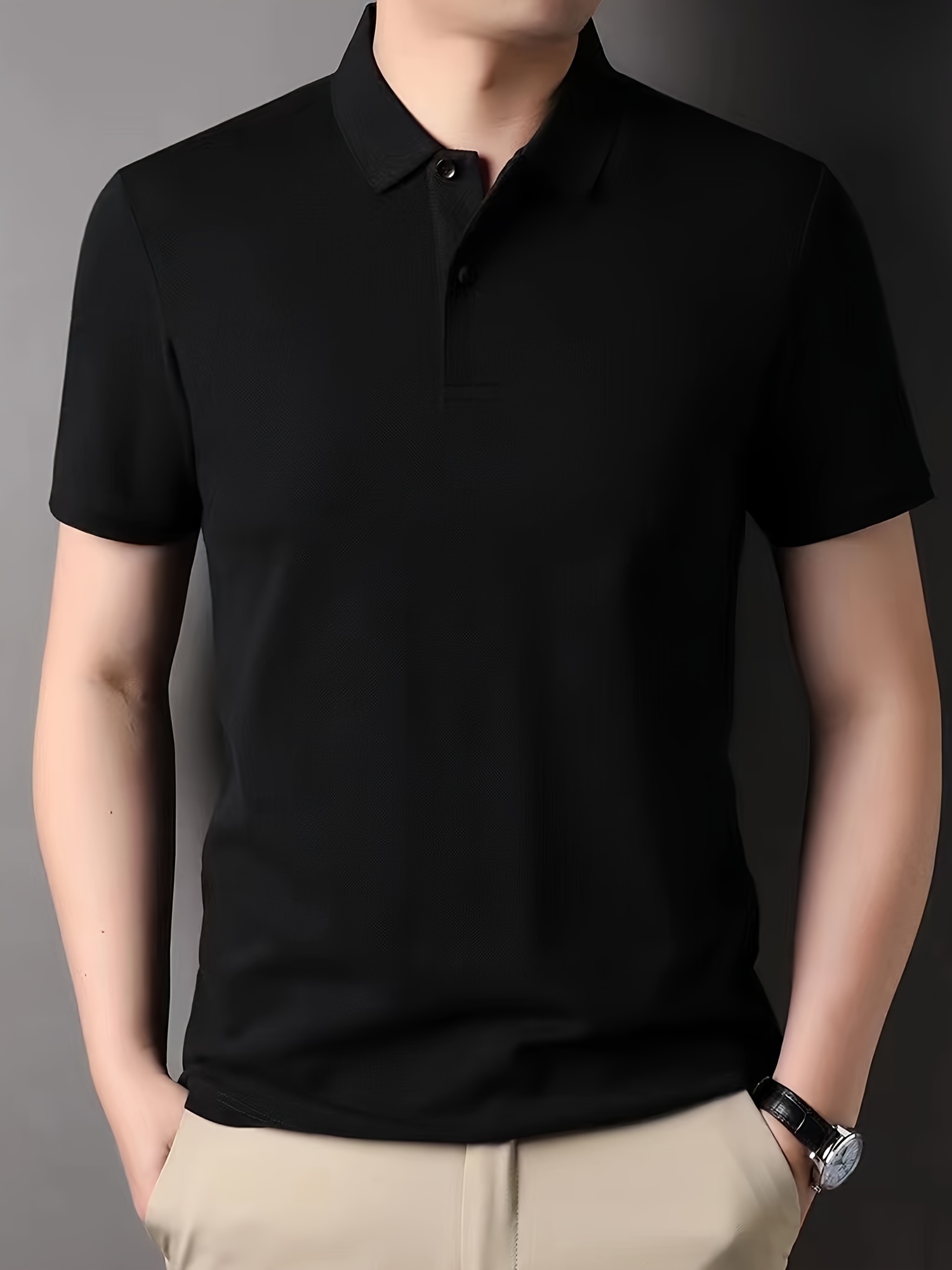 solid casual mens slim fit cotton comfy short sleeve lapel golf shirt summer mens clothing details 2