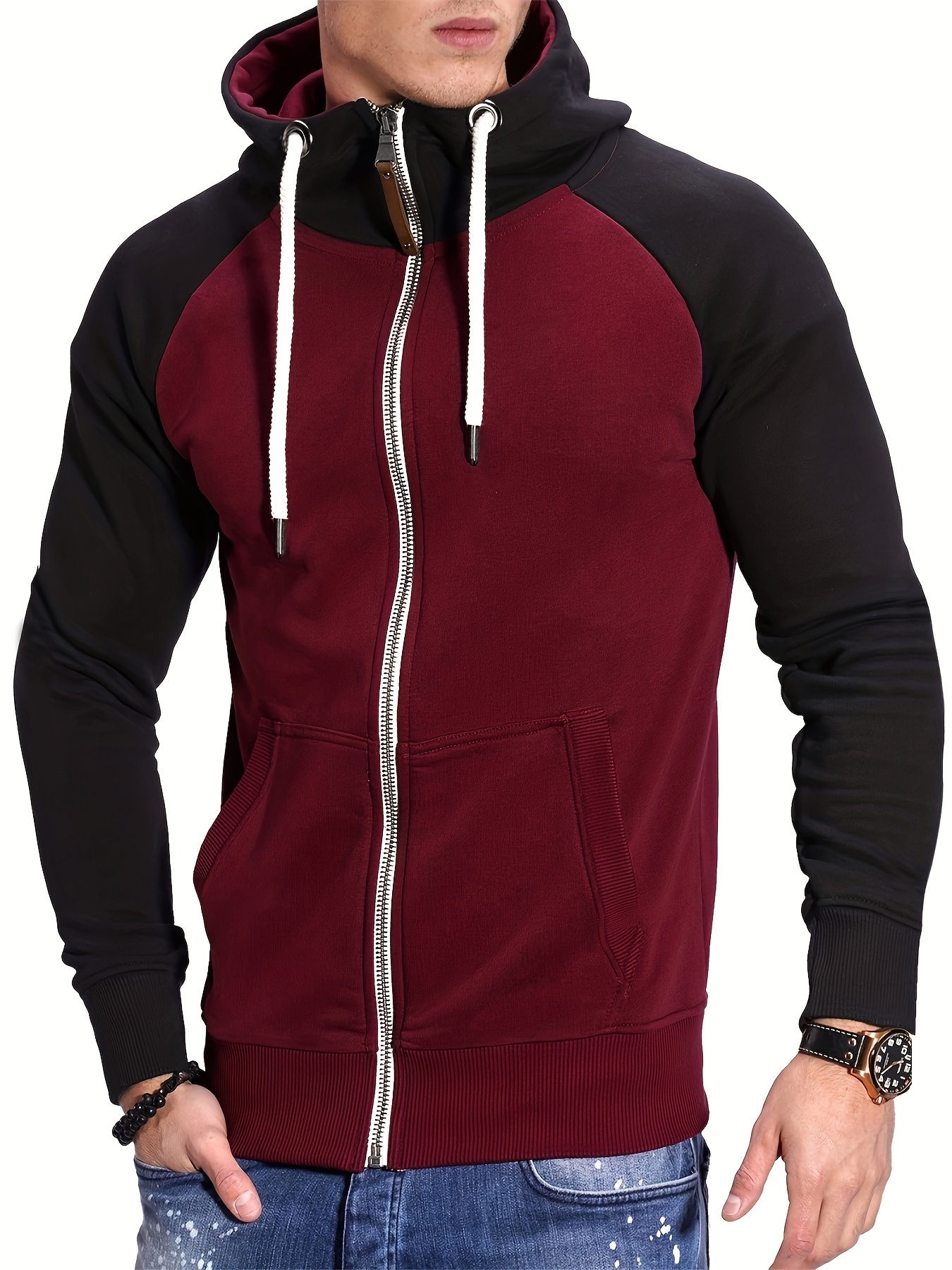 mens casual zip up hoodie color block hooded jacket for sports details 33