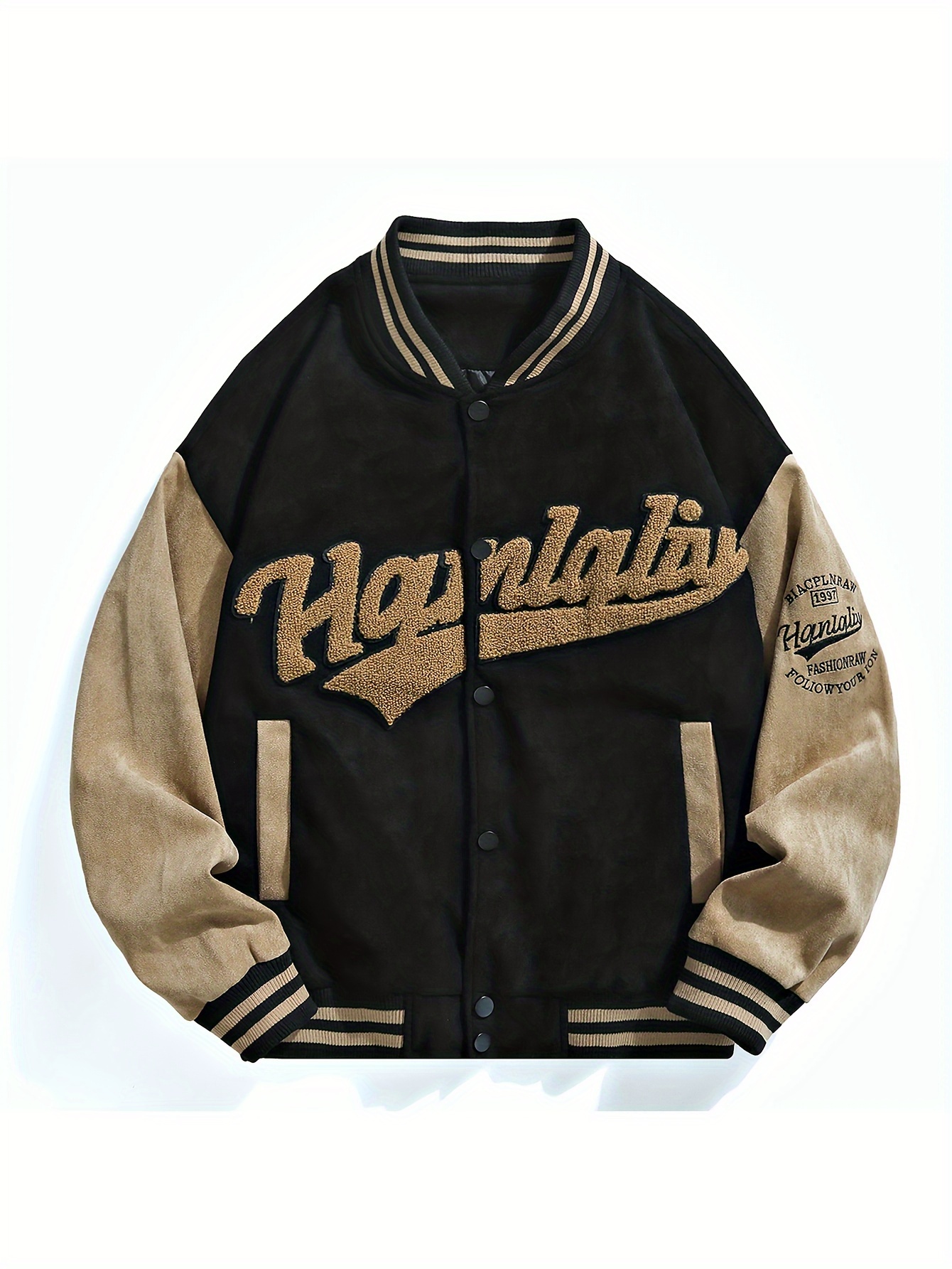 mens casual letter embroidery varsity jacket chic street style baseball collar color block jacket details 0