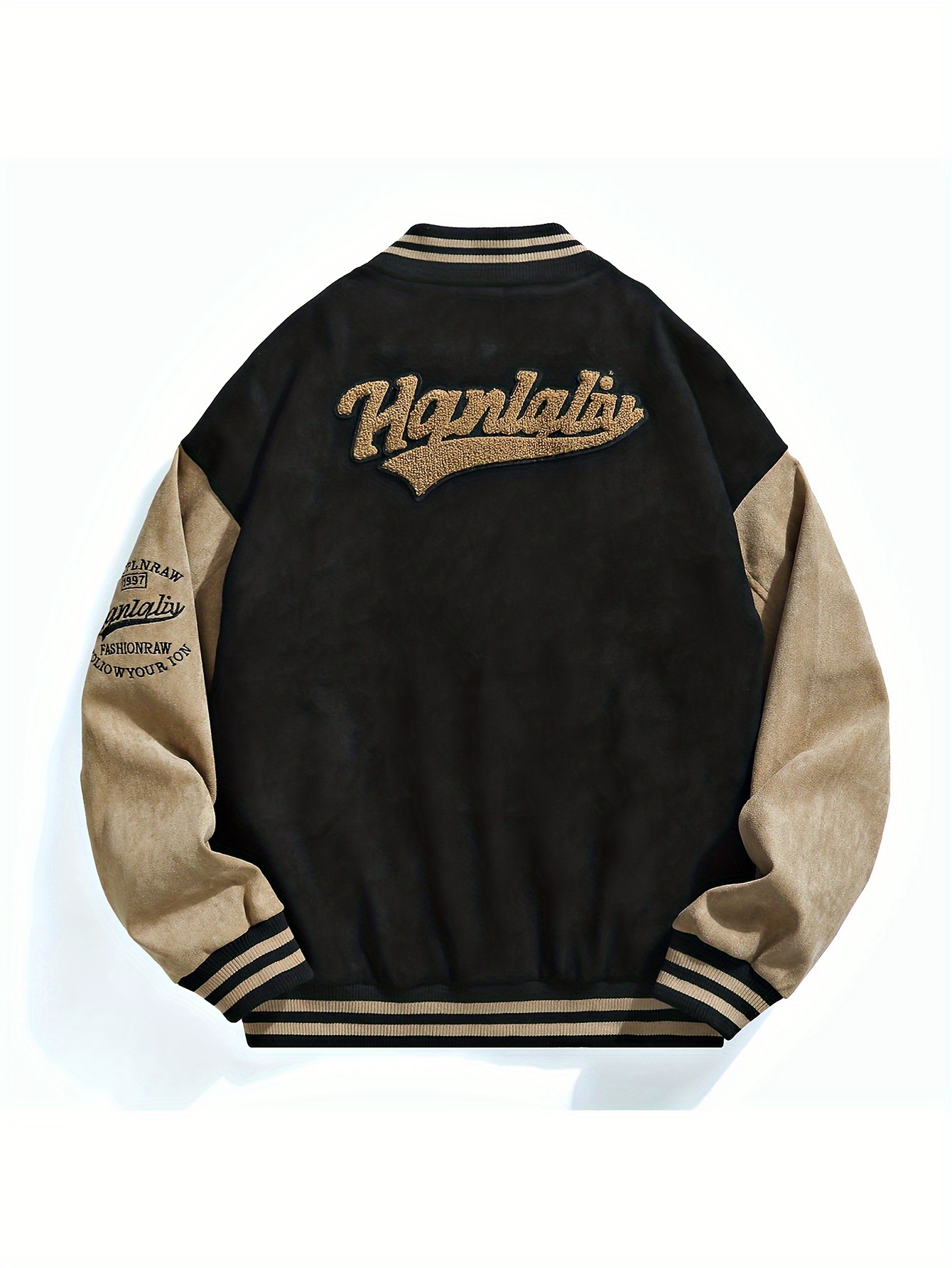 mens casual letter embroidery varsity jacket chic street style baseball collar color block jacket details 1